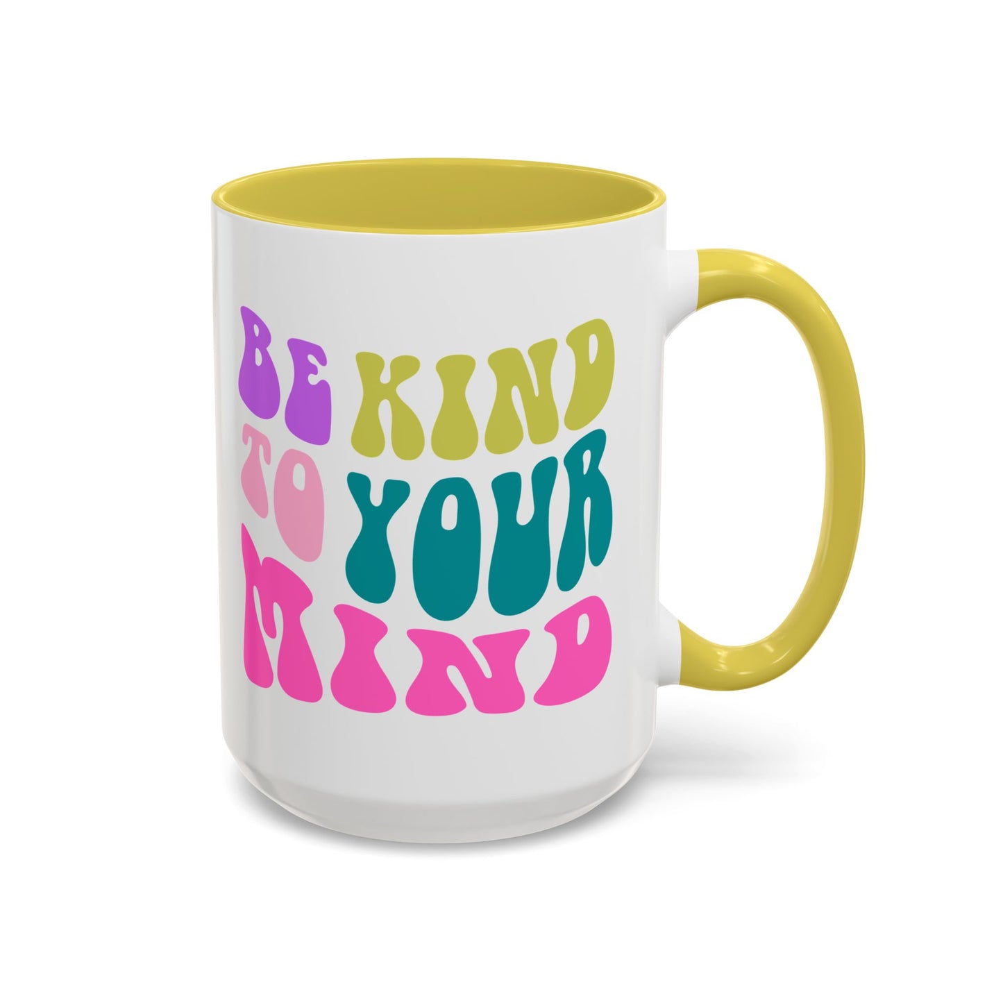 Be Kind To Your Mind Accent Mug – Retro Rainbow Letters | 11oz 15oz Colored Handle