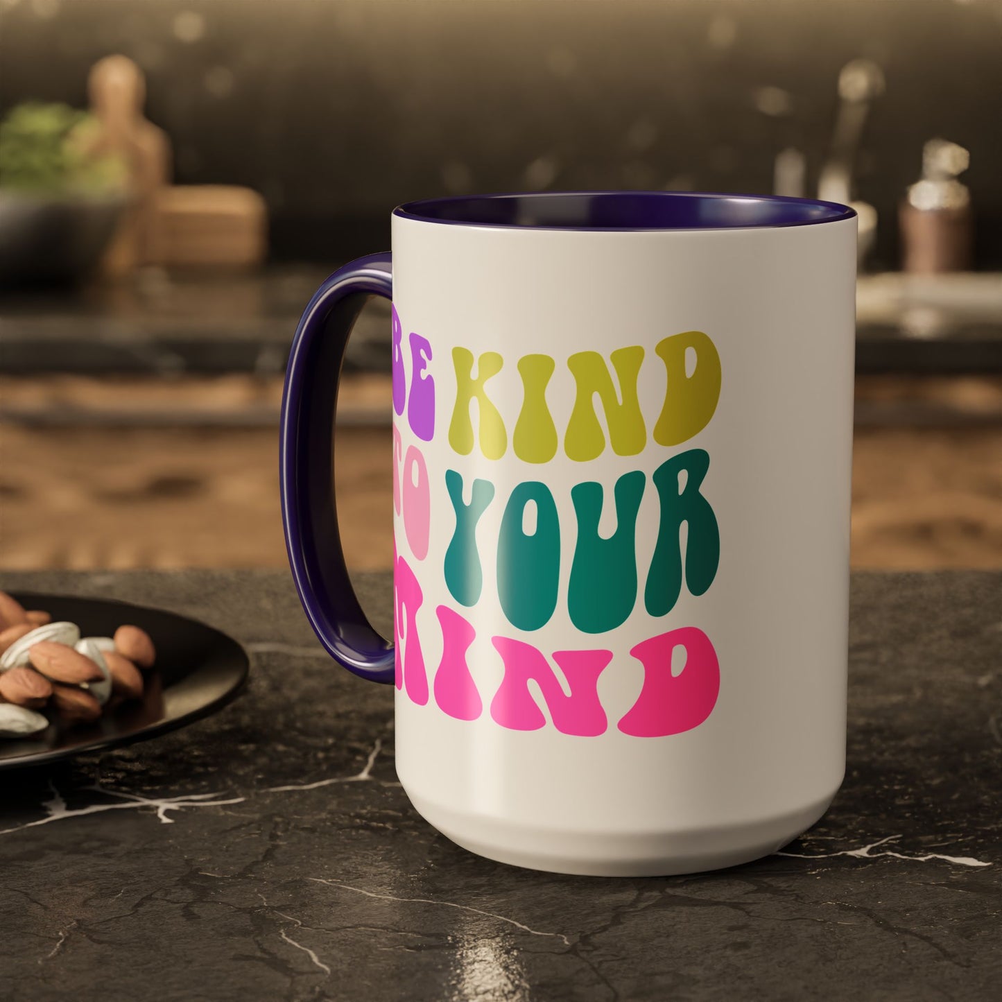 Be Kind To Your Mind Accent Mug – Retro Rainbow Letters | 11oz 15oz Colored Handle