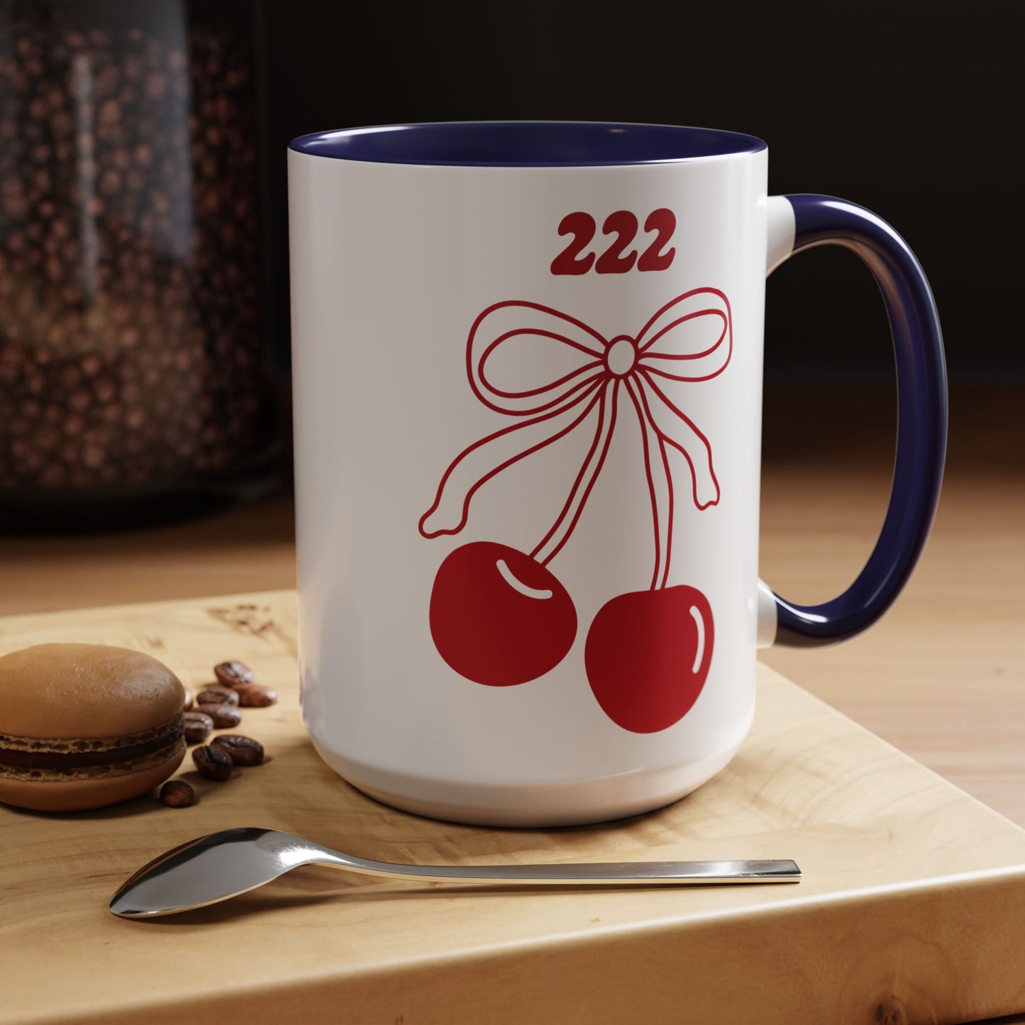 222 Angel Number Cherries Accent Mug – Coquette Bow Kawaii Coffee Mug | 11oz 15oz — Black, Navy, Pink, Red, Light Blue