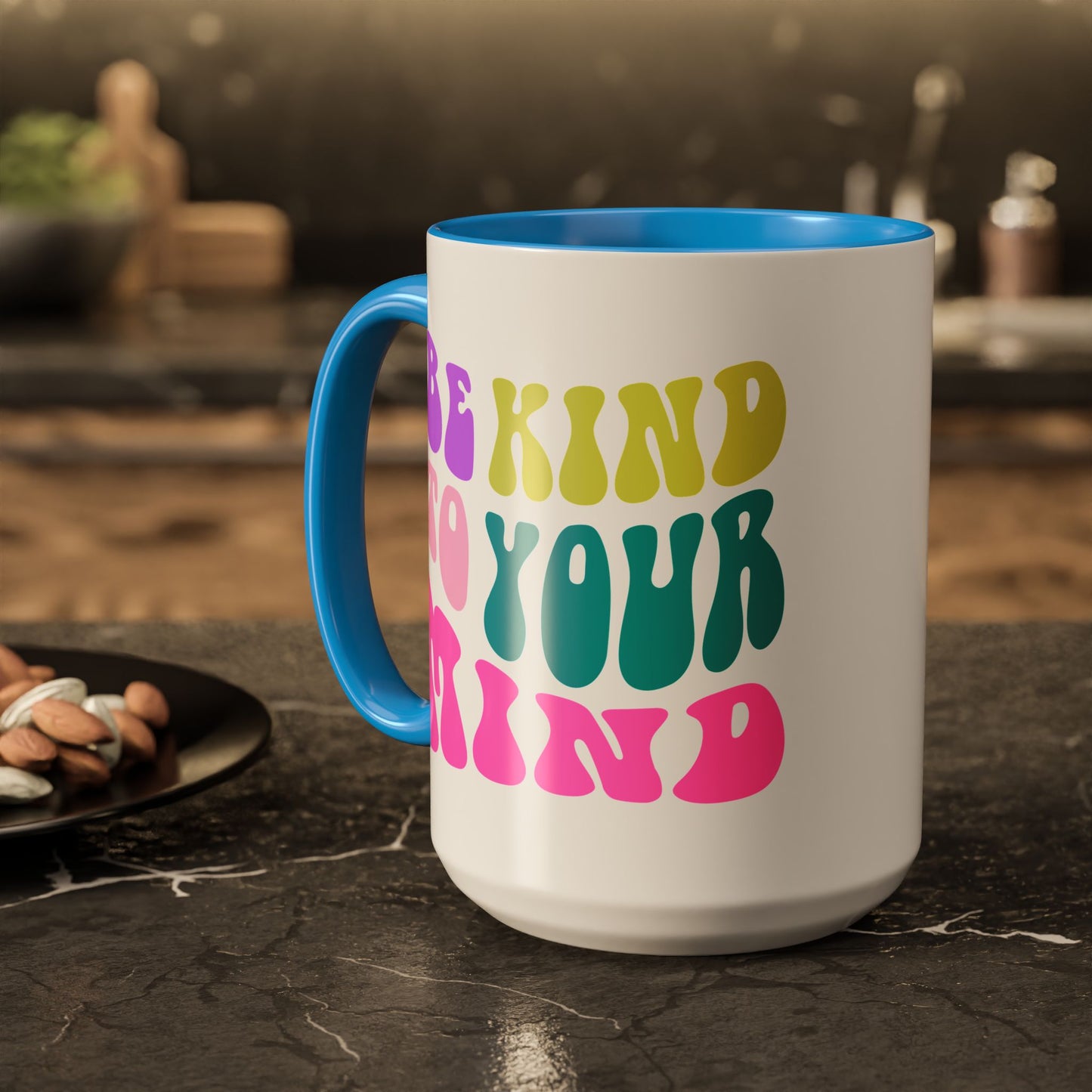 Be Kind To Your Mind Accent Mug – Retro Rainbow Letters | 11oz 15oz Colored Handle