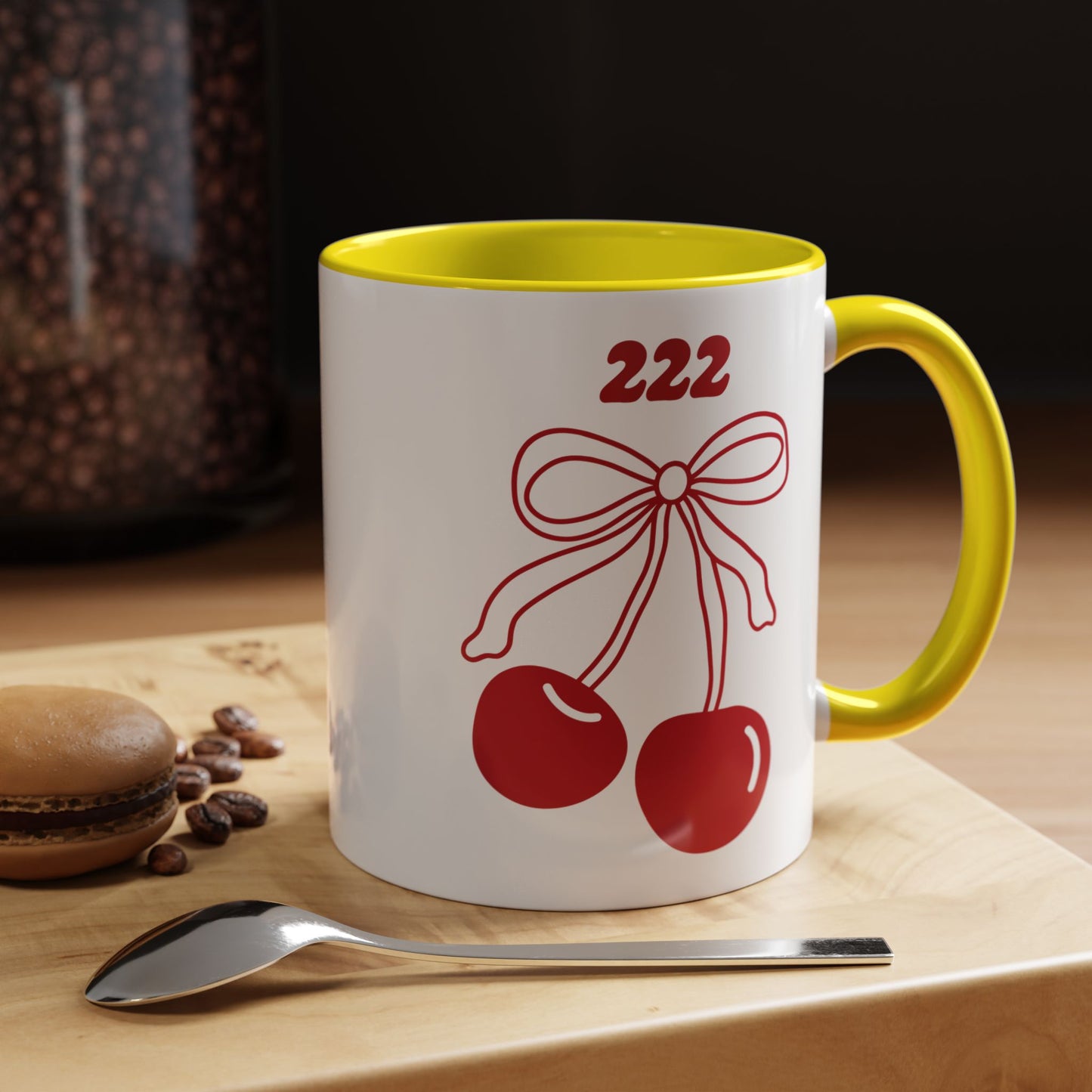 222 Angel Number Cherries Accent Mug – Coquette Bow Kawaii Coffee Mug | 11oz 15oz — Black, Navy, Pink, Red, Light Blue