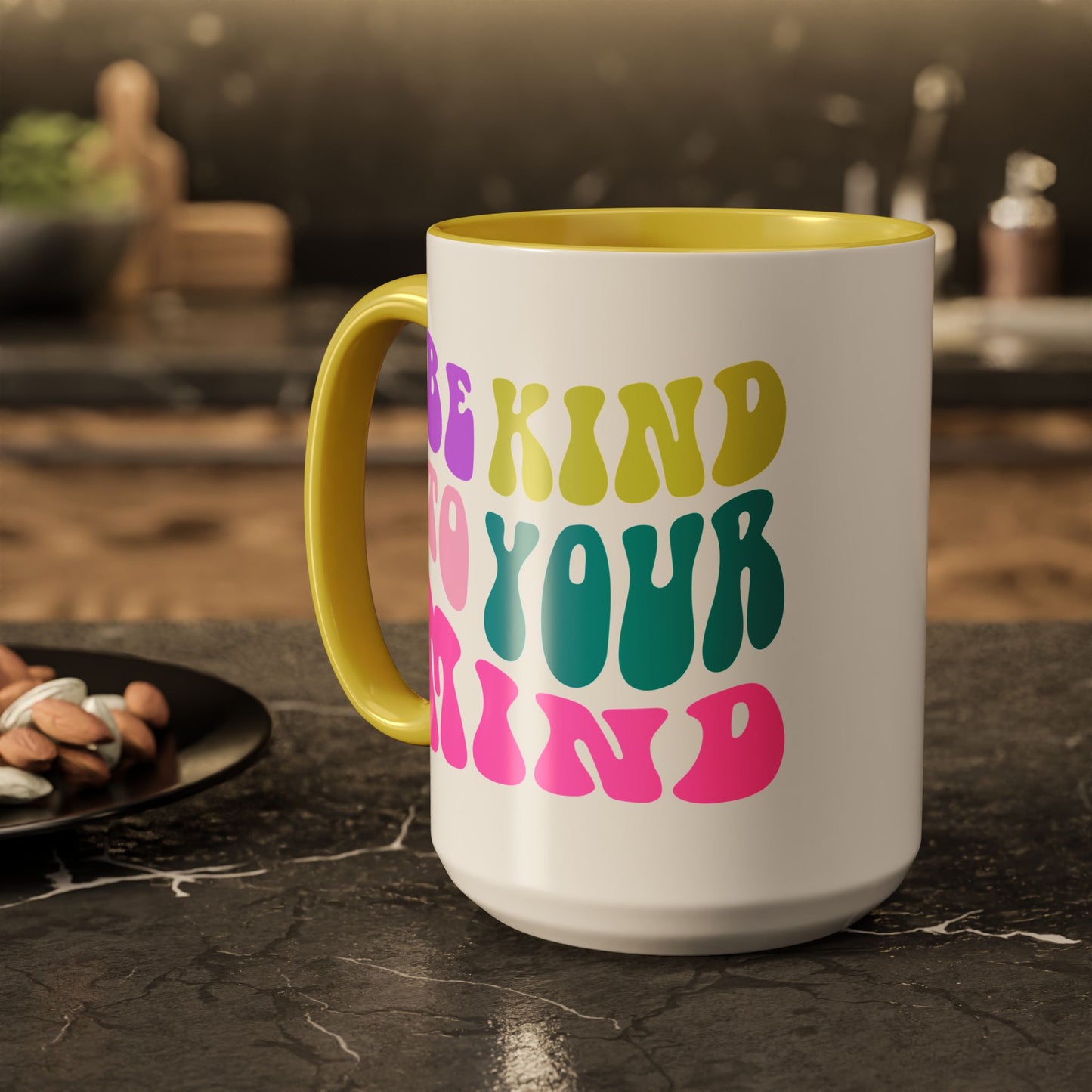 Be Kind To Your Mind Accent Mug – Retro Rainbow Letters | 11oz 15oz Colored Handle