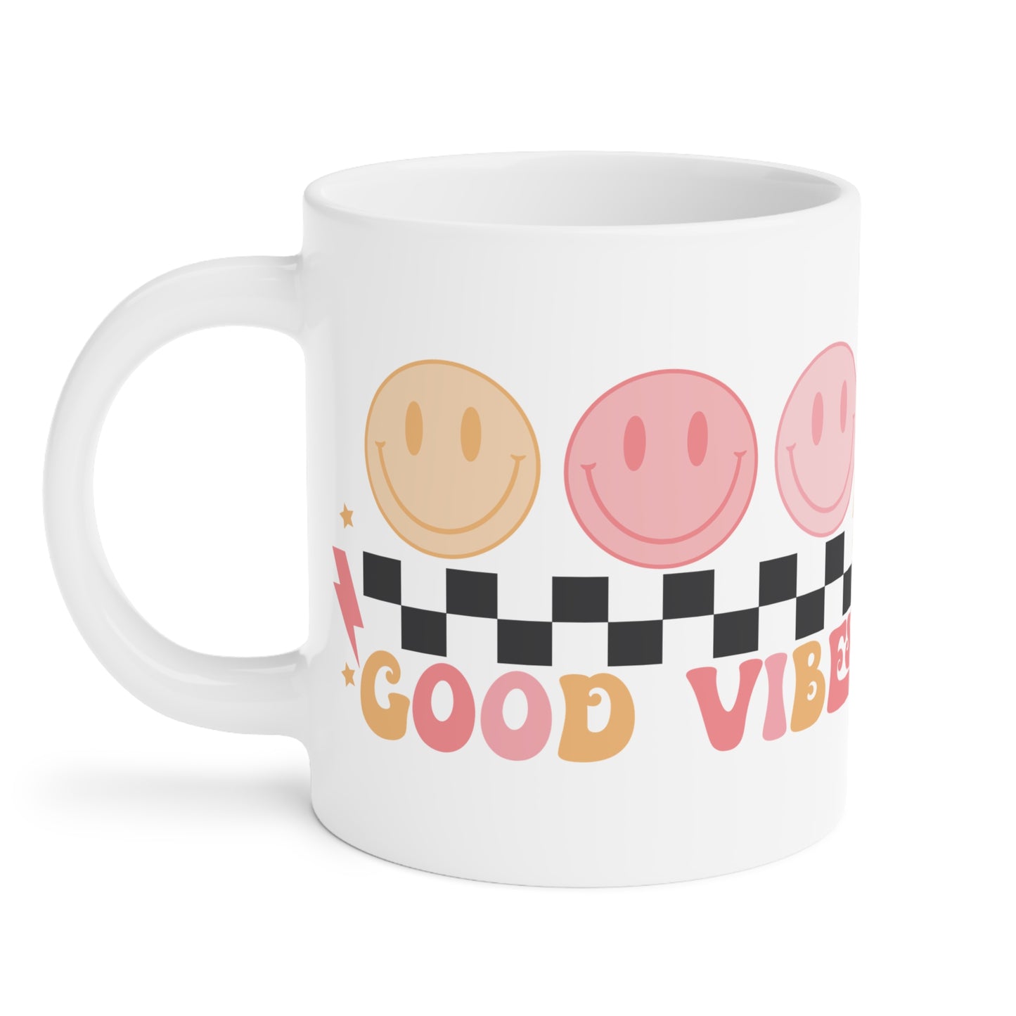 Good Vibes Psychedelic Coffee Mug 20oz - Pink Typography, Black-White Checkered with Smiling Faces - Retro Love, Radiate Positivity