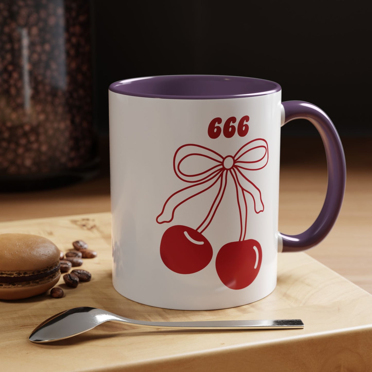 666 Angel Number Cherries Accent Mug – Coquette Bow Kawaii | 11oz 15oz — Pink, Red, Light Blue, Orange, Purple, Yellow