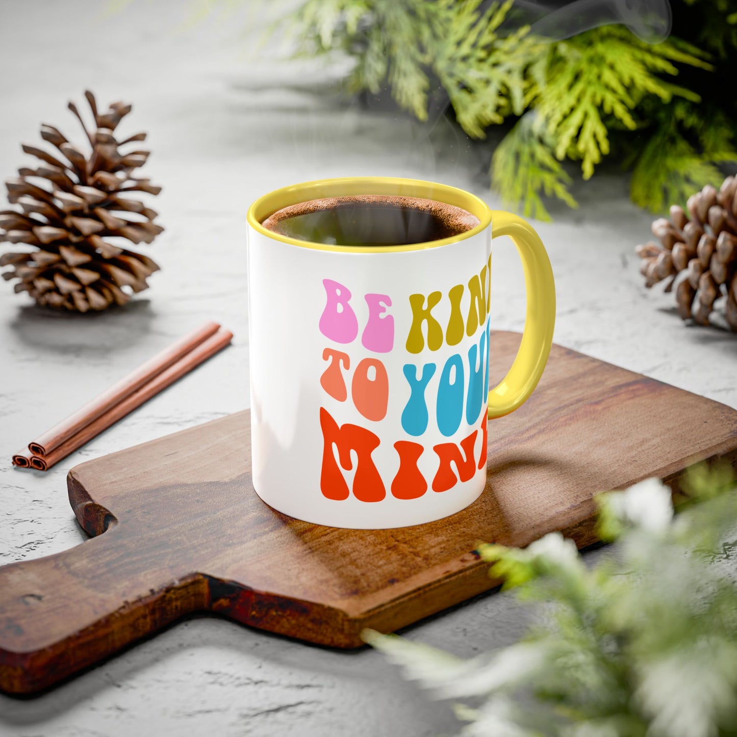 Be Kind To Your Mind Accent Mug – Retro Rainbow Letters | 11oz 15oz Multiple colors