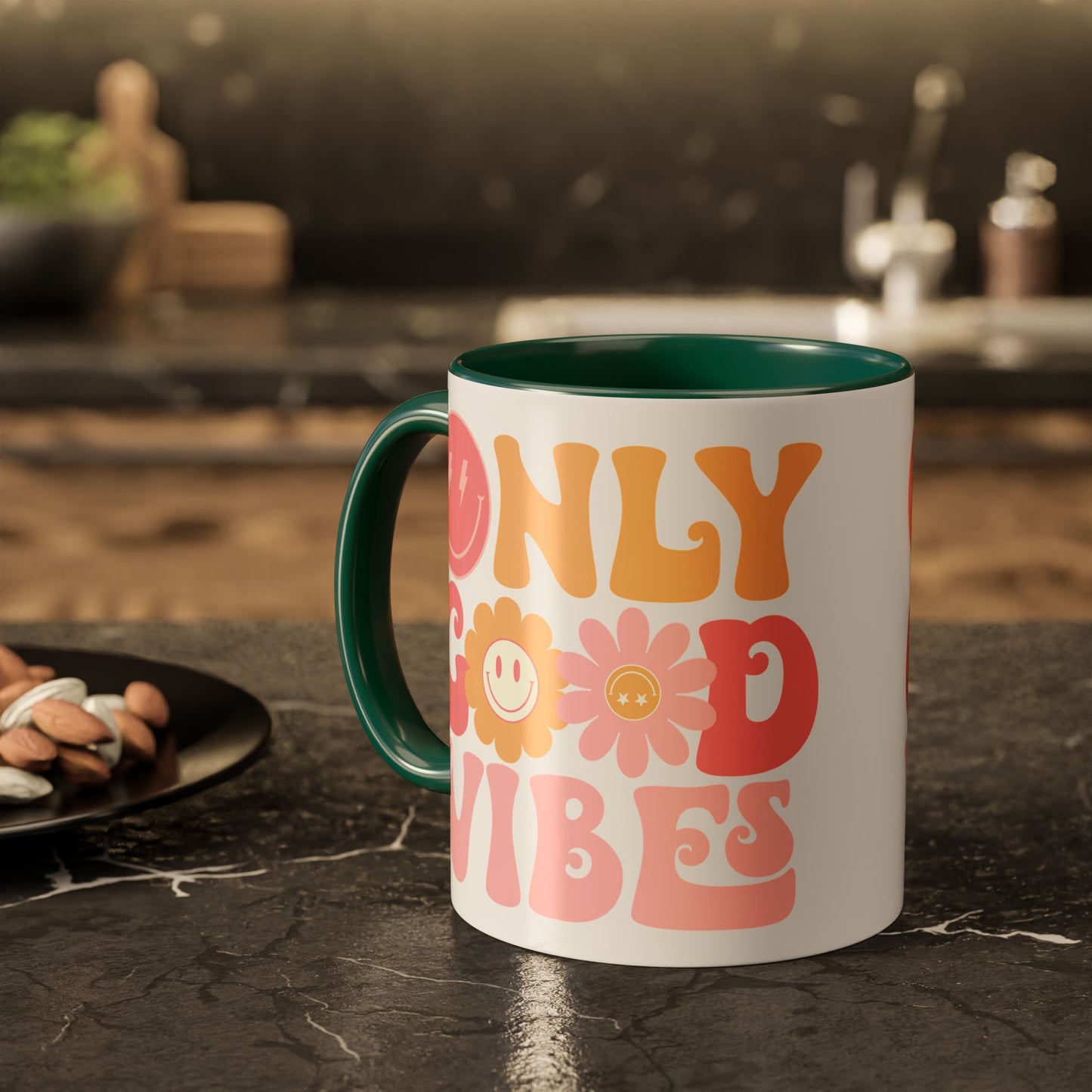 Only Good Vibes Accent Mug – Retro Bubble Letters & Flowers | 11oz 15oz Colored Handle