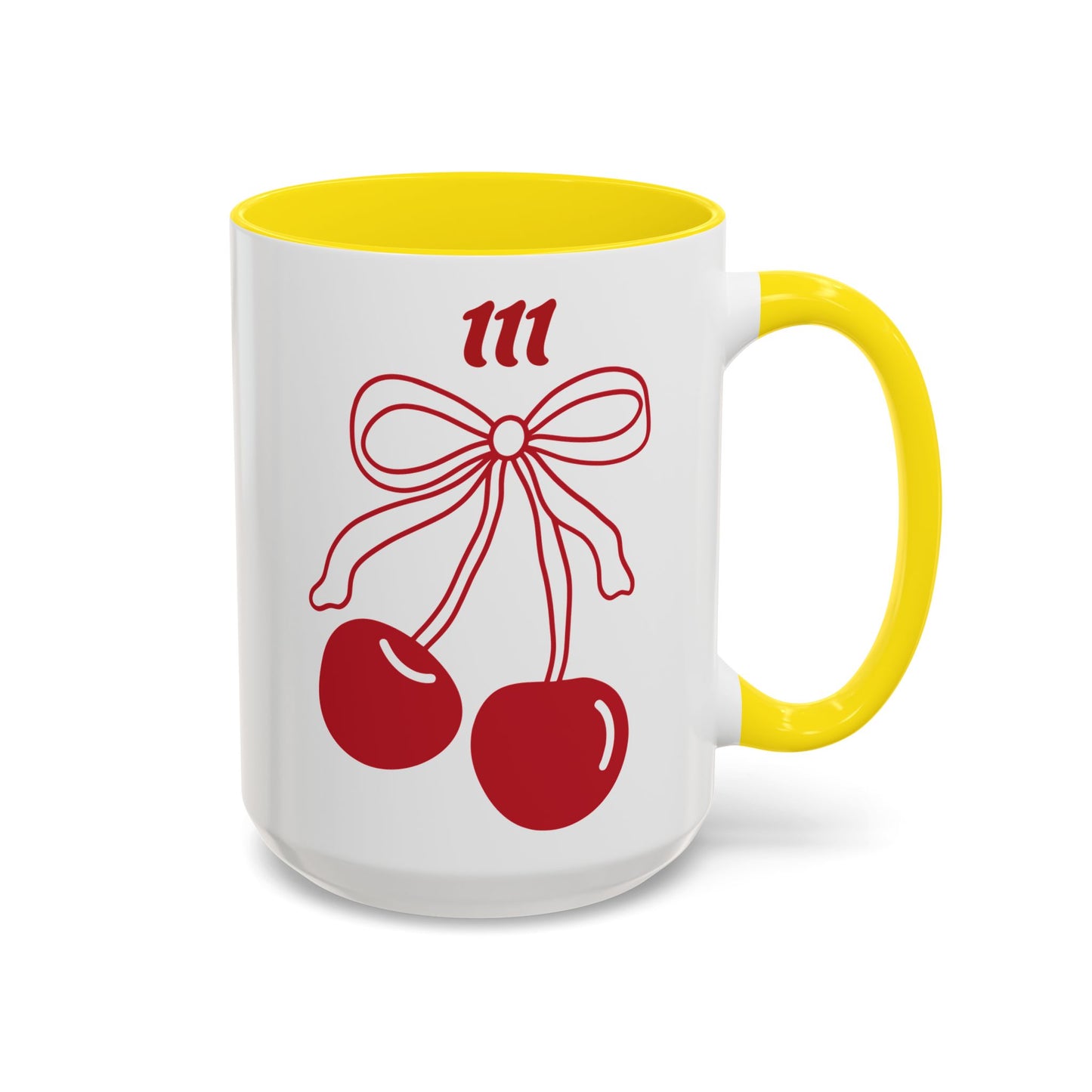 111 Angel Number Cherries Accent Mug – Coquette Bow Kawaii Coffee Mug Aesthetic | 11oz 15oz — Pink, Black, Purple, Yellow, Light Blue