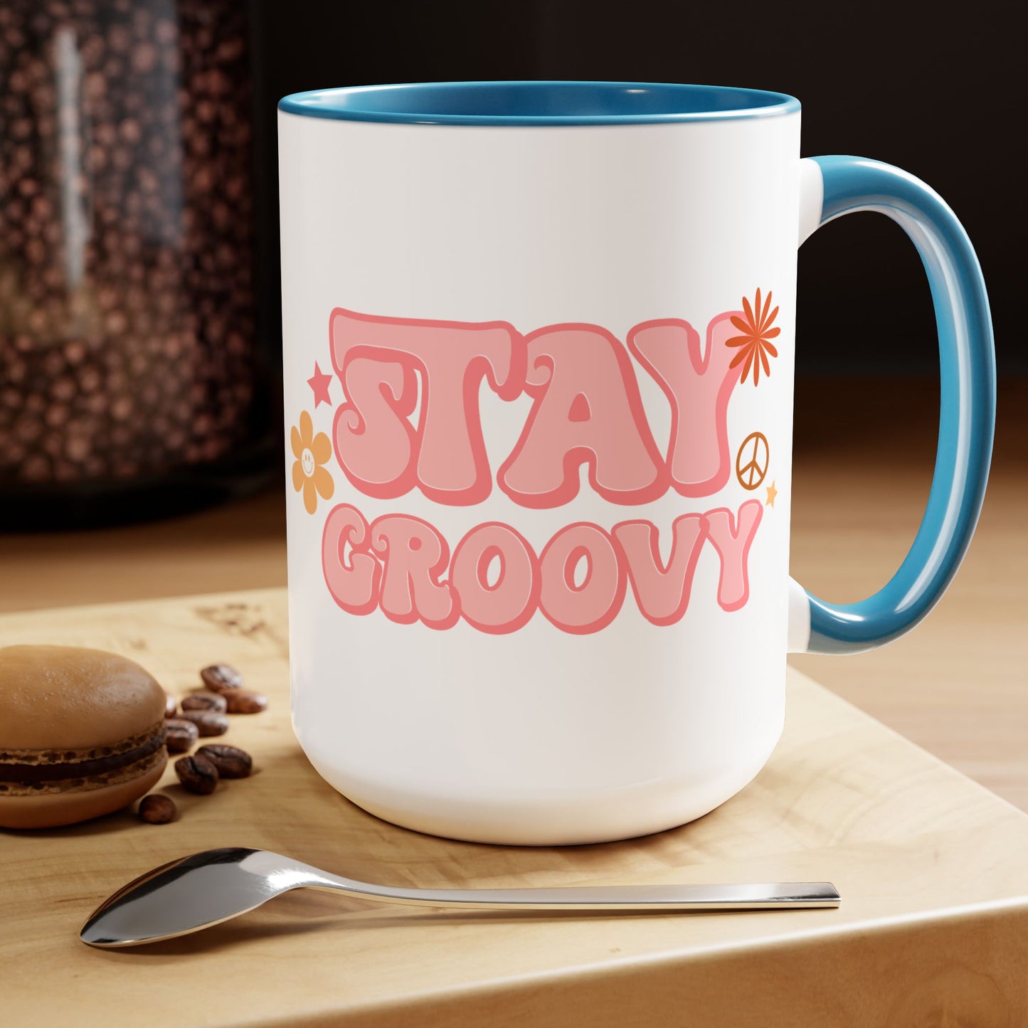 Stay Groovy Coffee Mug 15oz - 70s Inspired, Pastel Pink, Swirly Font - Boost Your Mood with this Free-Spirit, Funkadelic Beverage