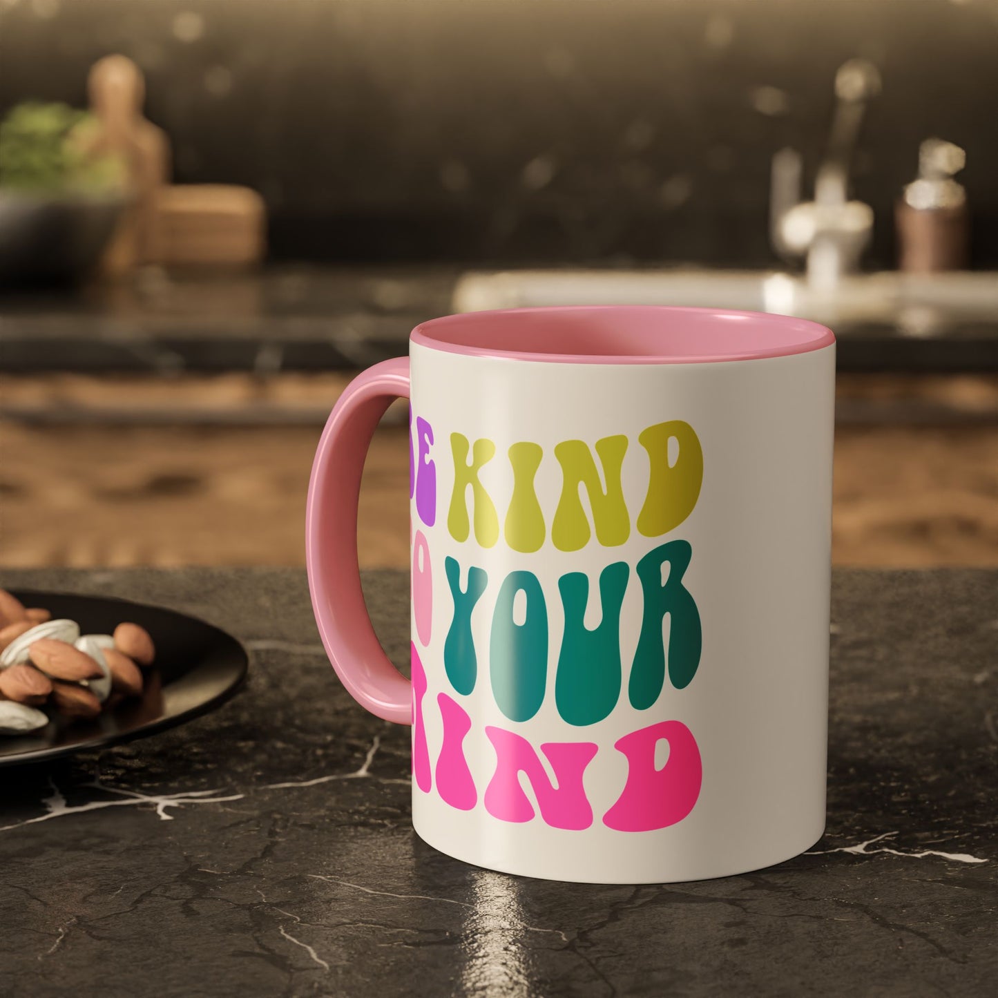Be Kind To Your Mind Accent Mug – Retro Rainbow Letters | 11oz 15oz Colored Handle