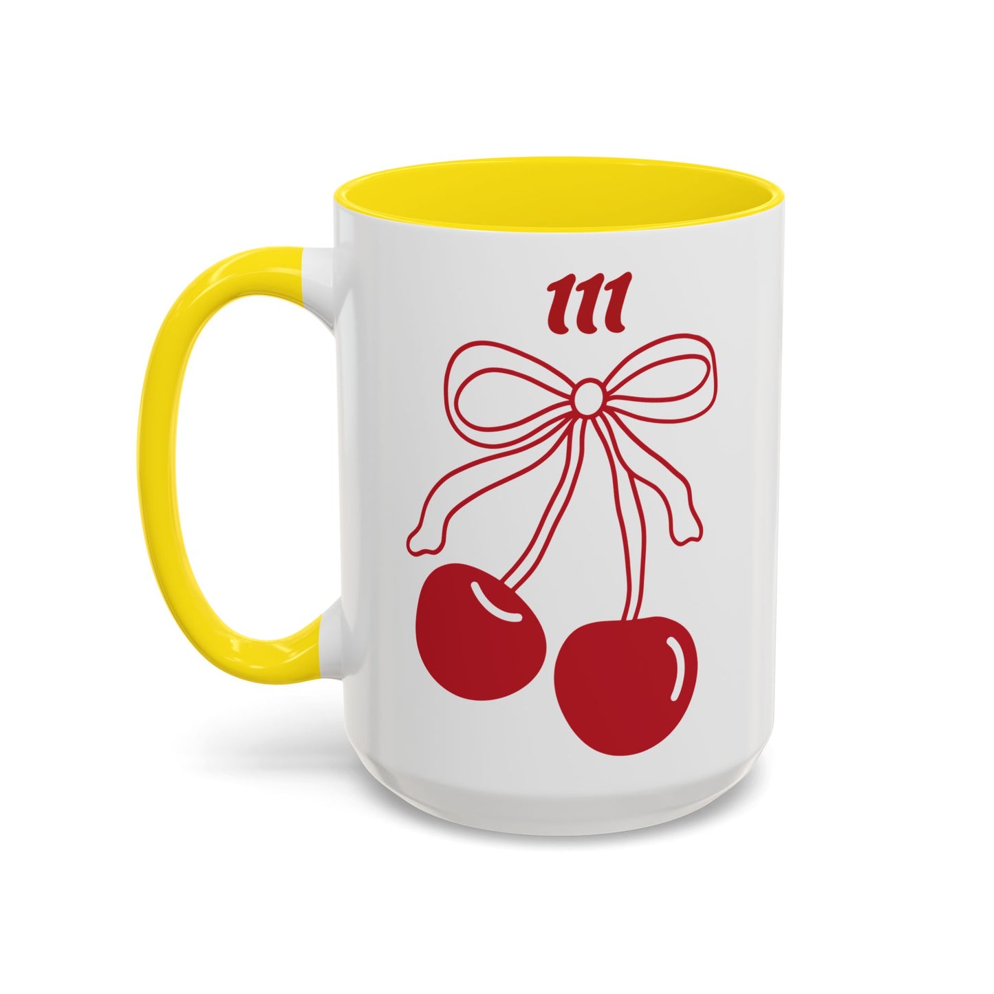 111 Angel Number Cherries Accent Mug – Coquette Bow Kawaii Coffee Mug Aesthetic | 11oz 15oz — Pink, Black, Purple, Yellow, Light Blue