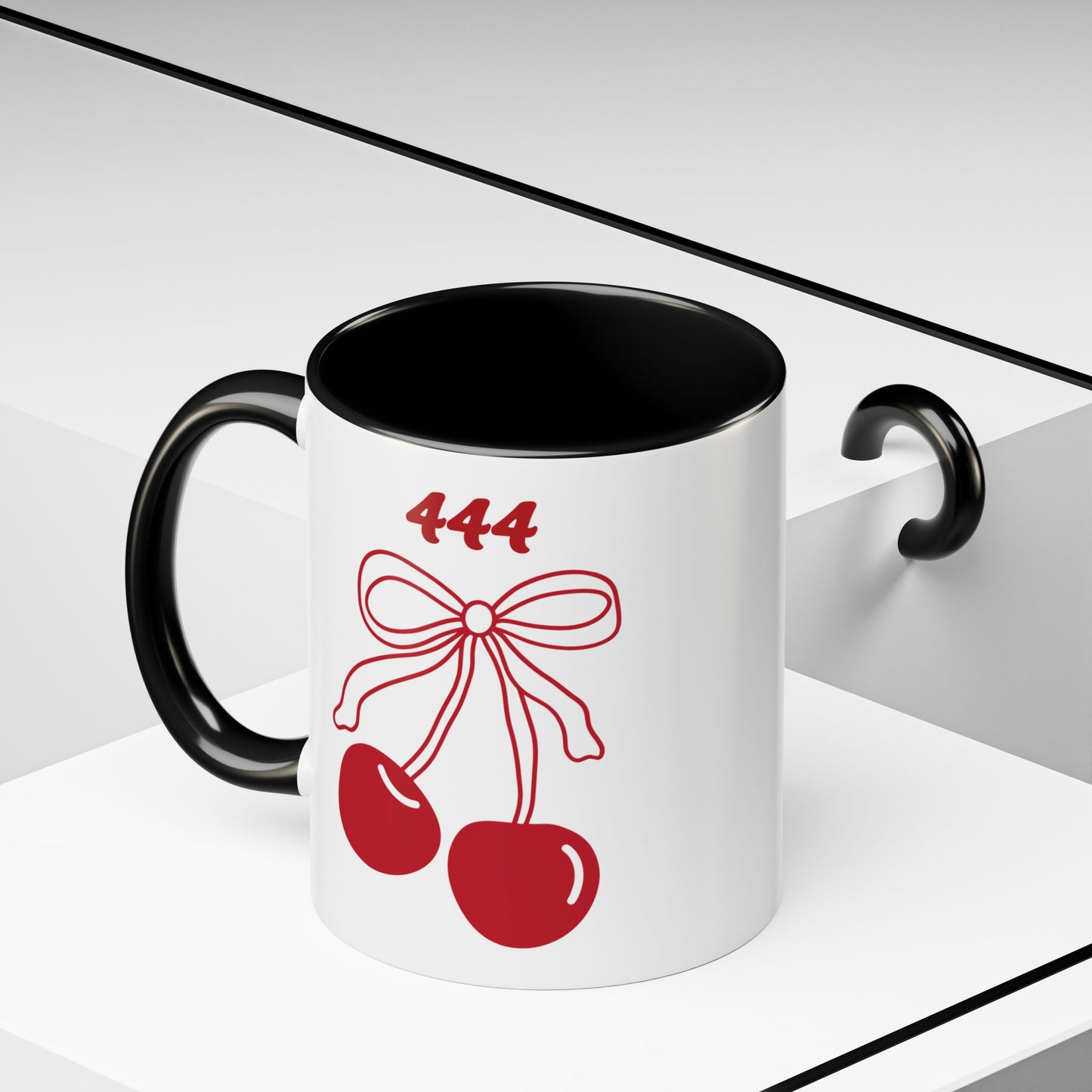 444 Angel Number Cherries Accent Mug – Coquette Bow Kawaii | 11oz 15oz — Navy, Light Blue, Orange, Purple, Yellow