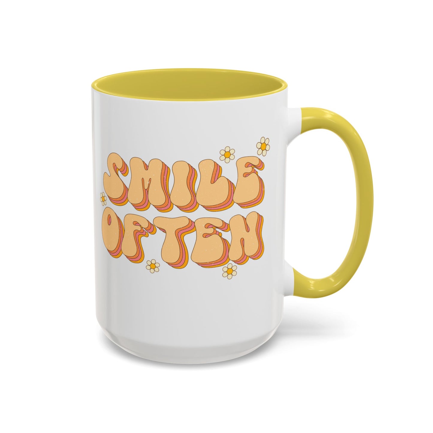 Smile Often Accent Mug – Retro Daisy Letters | 11oz 15oz colored Handle