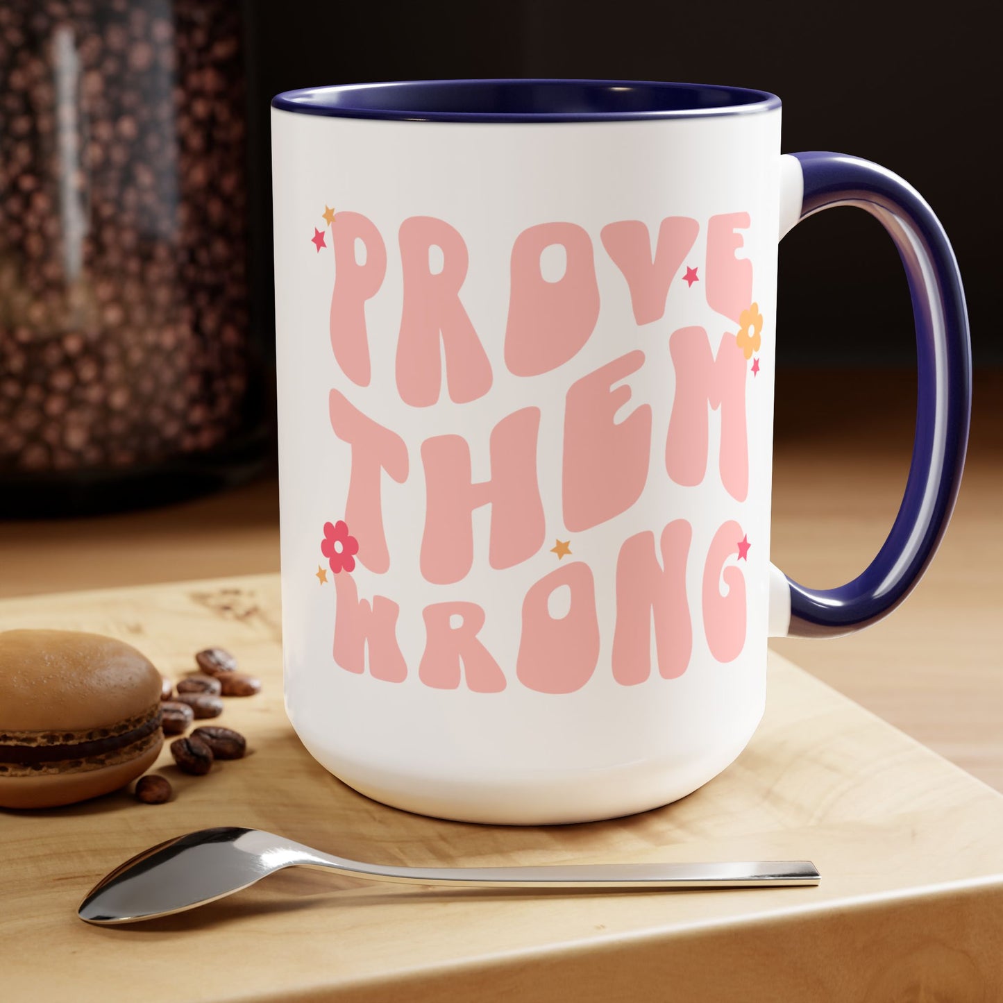 Prove Them Wrong Coffee Mug 15oz - Light Pink, 70s Themed Ceramic Cup, Groovy Font, Inspirational Motivation - Retro Nostalgia Gift