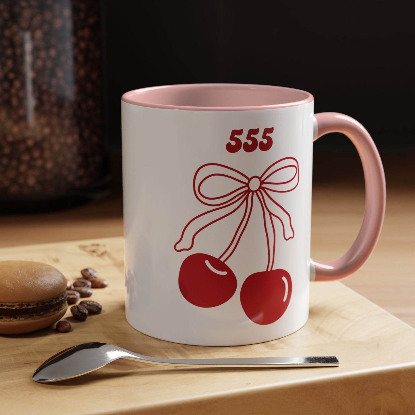 555 Angel Number Cherries Accent Mug – Coquette Bow Kawaii | 11oz 15oz — Pink, Red, Navy, Light Blue, Orange, Purple, Yellow