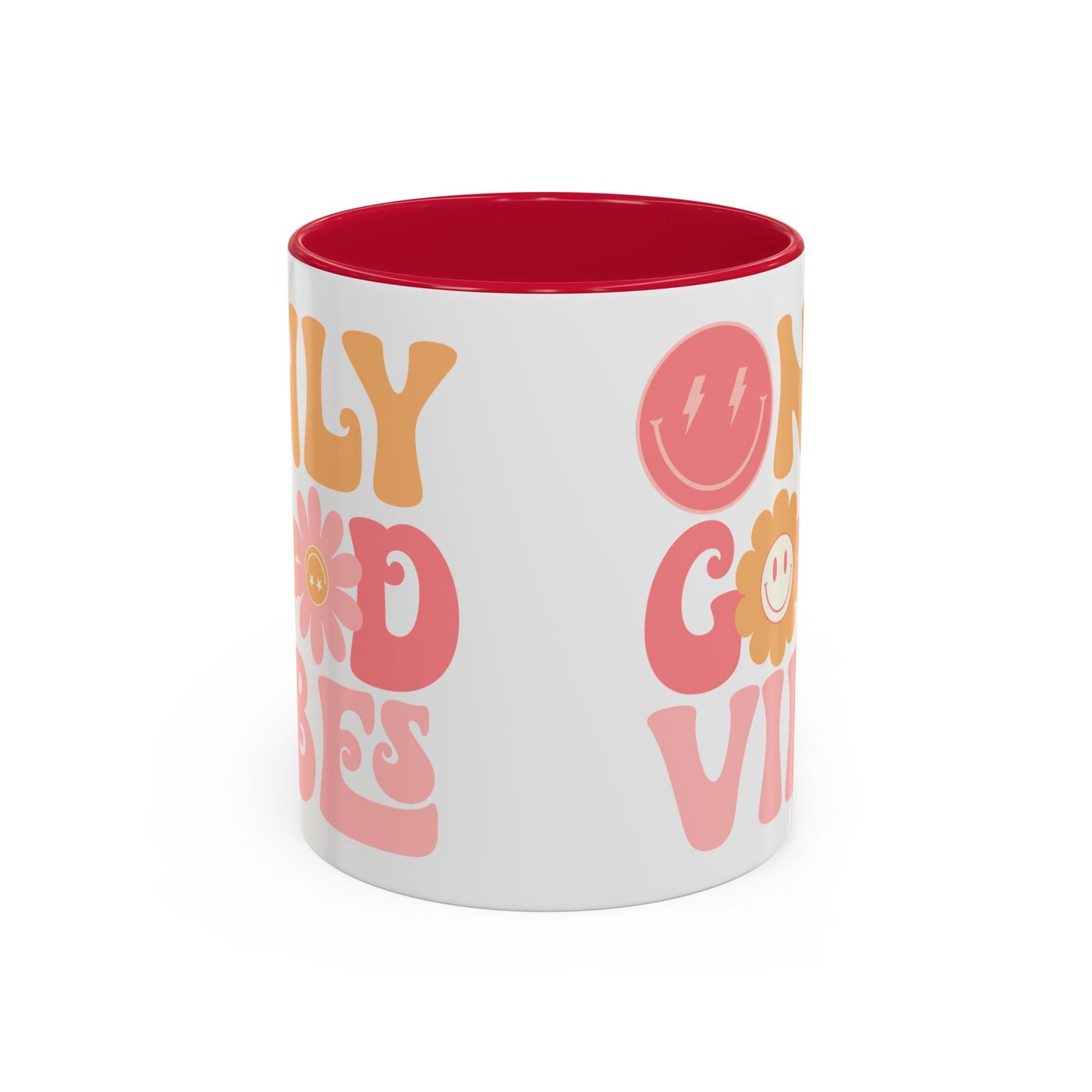 Only Good Vibes Accent Mug – Retro Bubble Letters & Flowers | 11oz 15oz Colored Handle