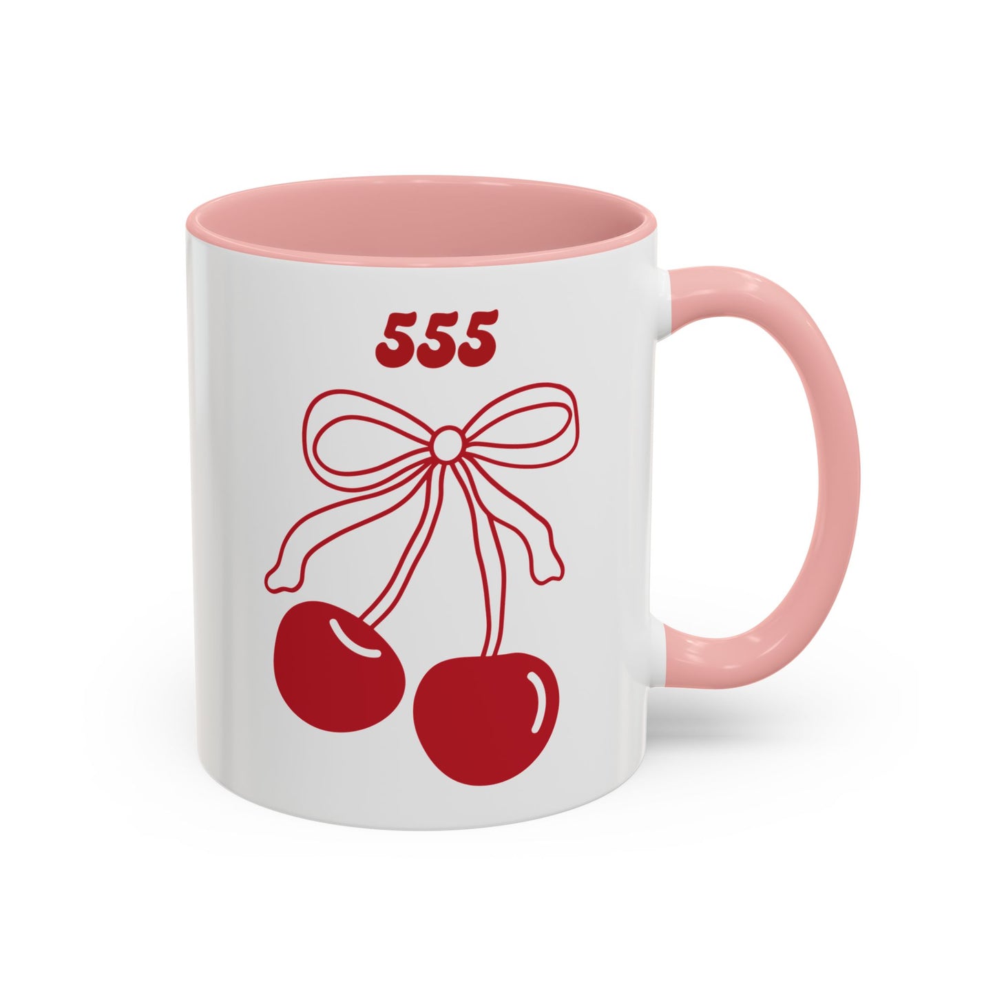 555 Angel Number Cherries Accent Mug – Coquette Bow Kawaii | 11oz 15oz — Pink, Red, Navy, Light Blue, Orange, Purple, Yellow