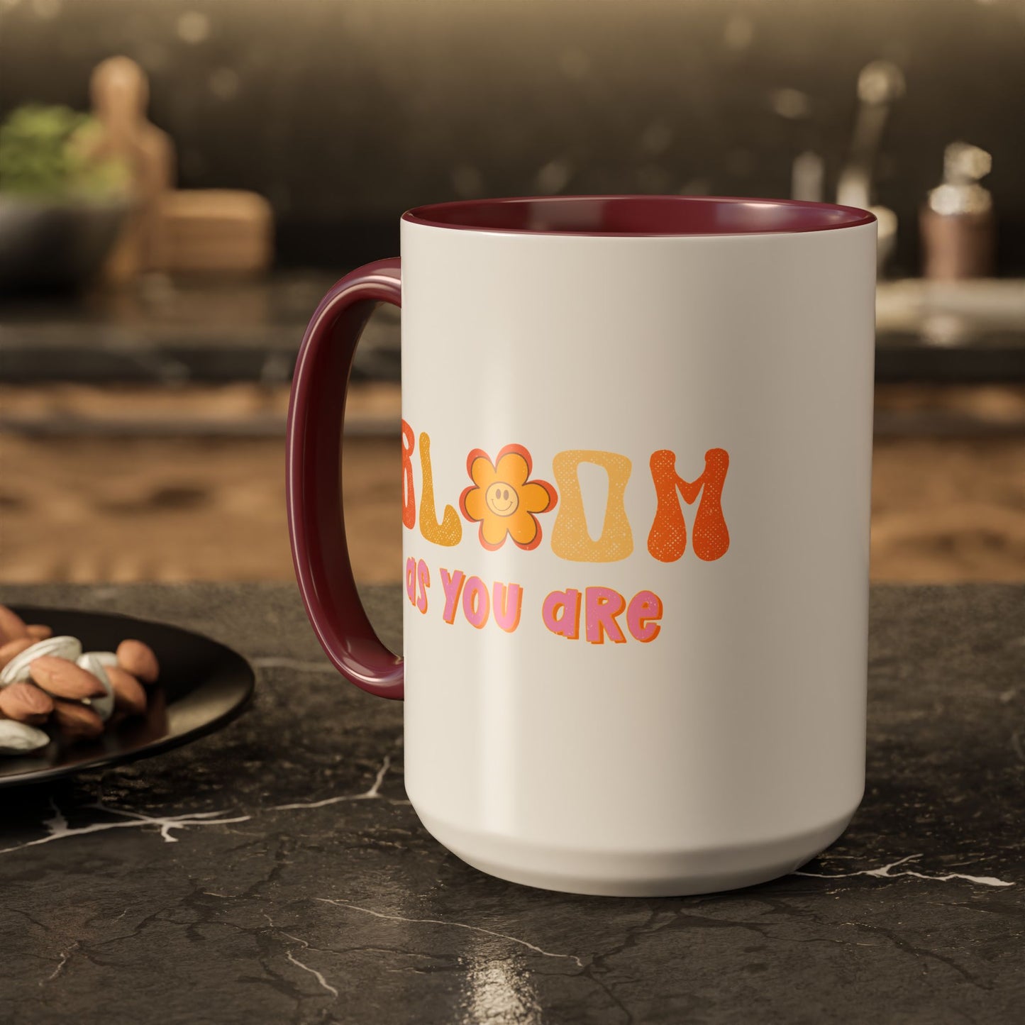 Bloom As You Are Accent Mug – Smiley Flower | 11oz 15oz Colored Handle