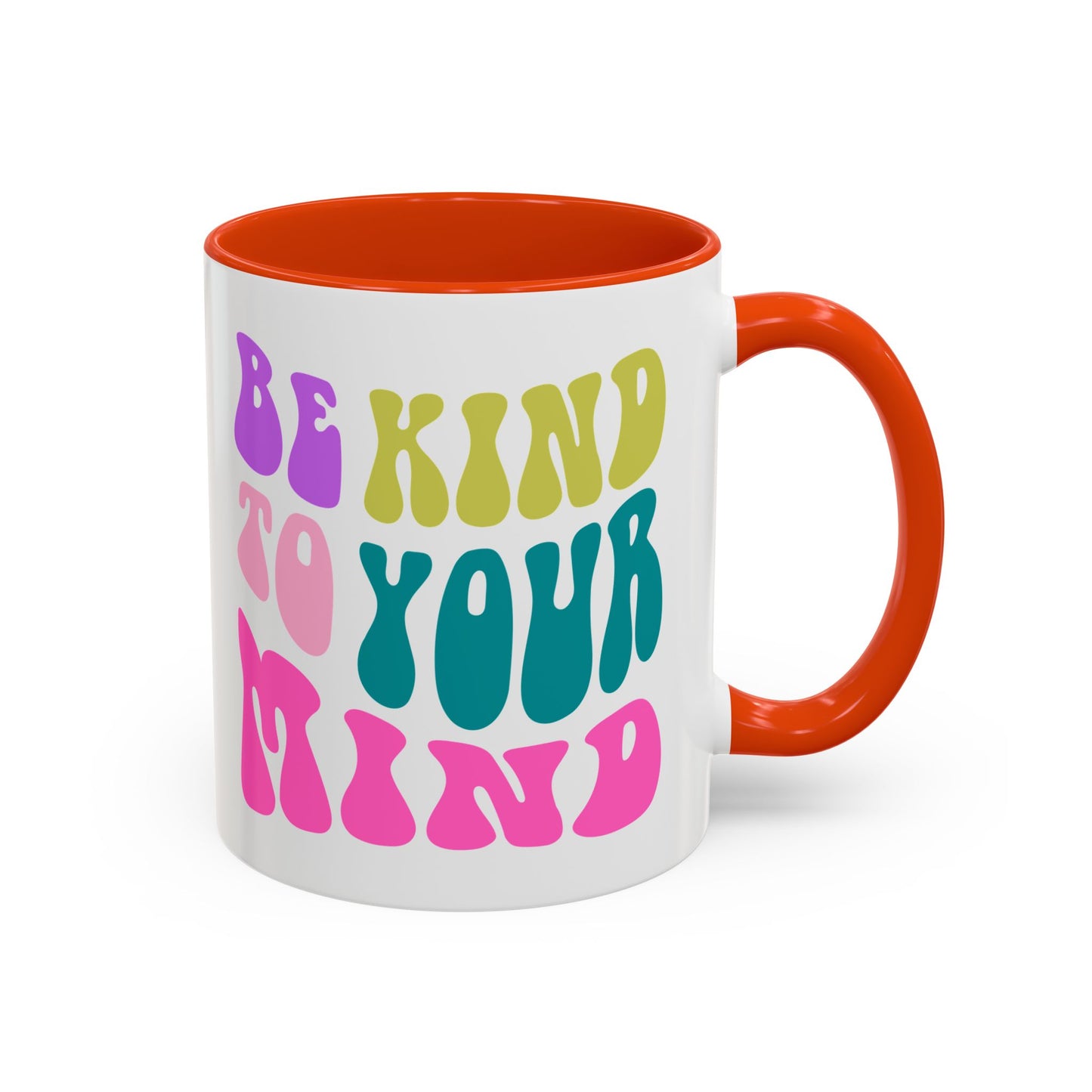 Be Kind To Your Mind Accent Mug – Retro Rainbow Letters | 11oz 15oz Colored Handle