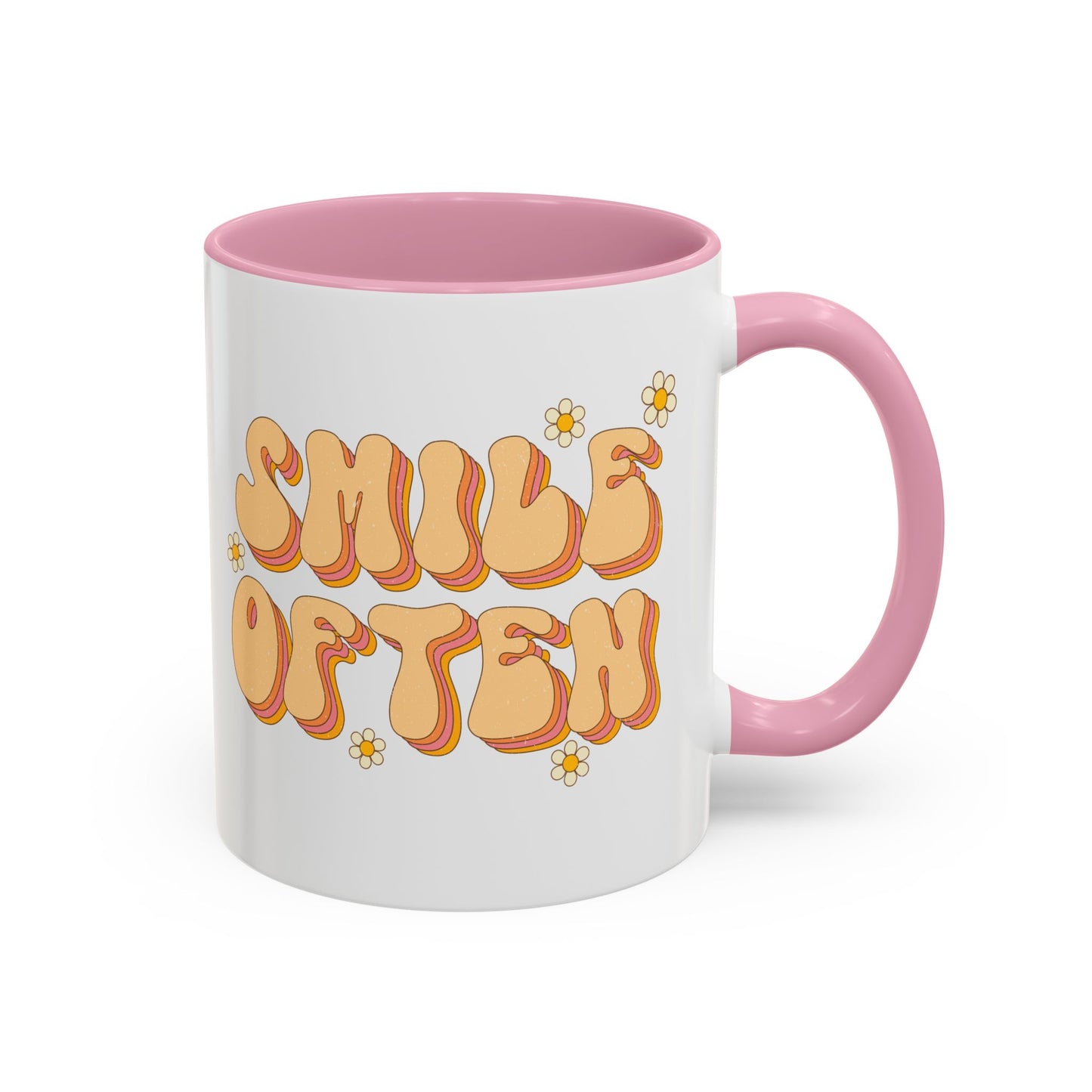 Smile Often Accent Mug – Retro Daisy Letters | 11oz 15oz colored Handle