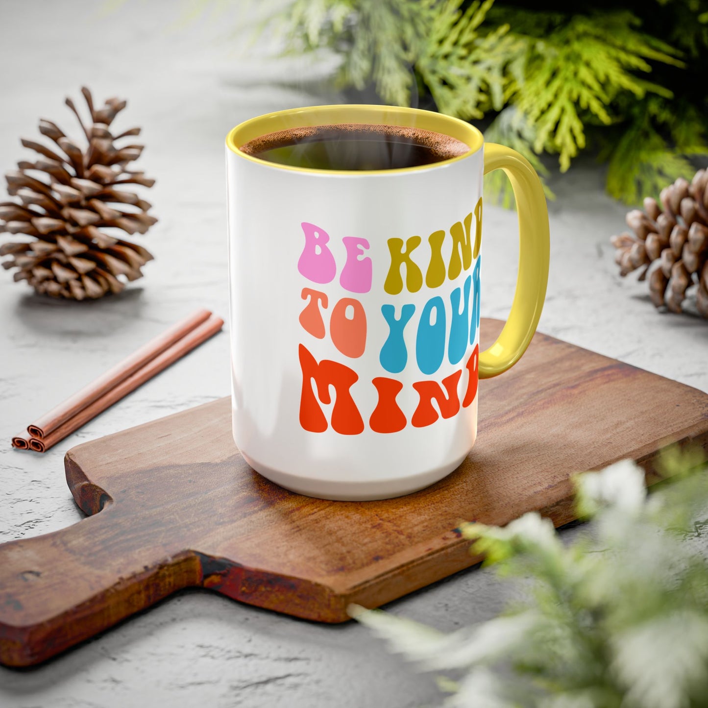 Be Kind To Your Mind Accent Mug – Retro Rainbow Letters | 11oz 15oz Multiple colors