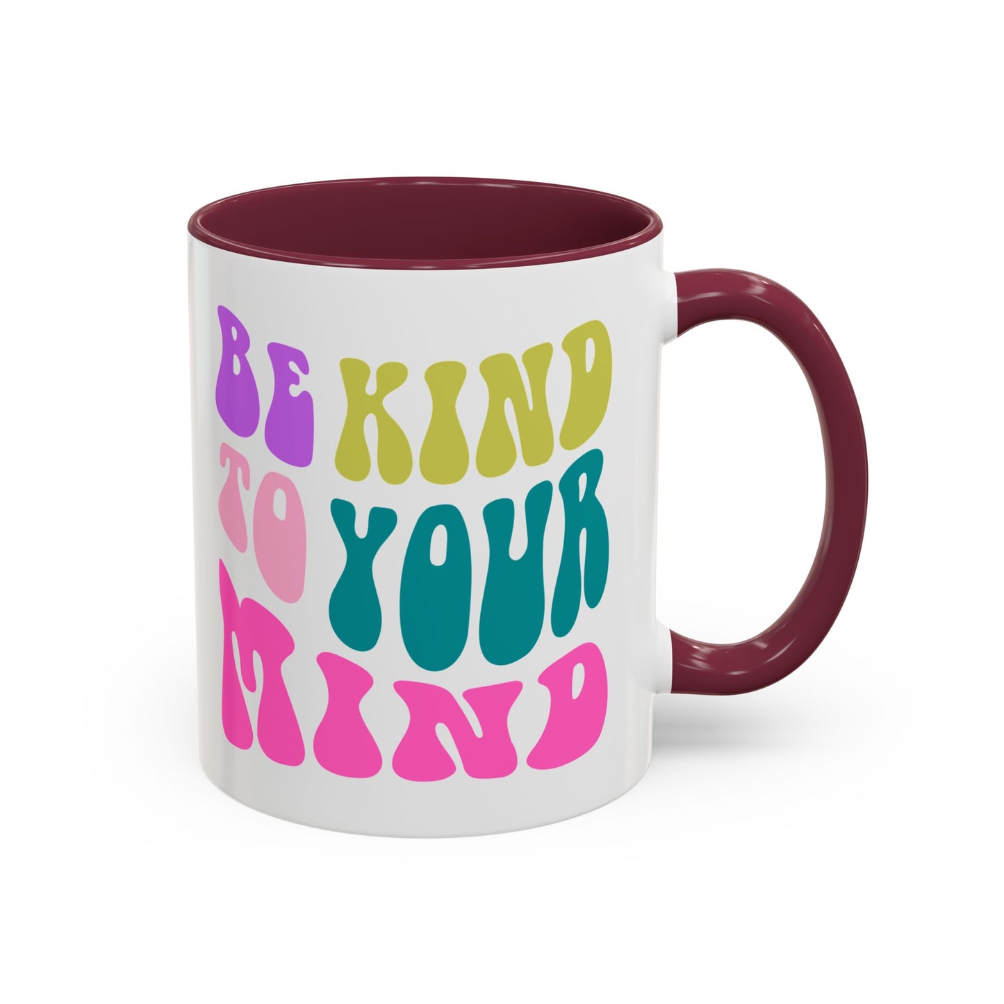 Be Kind To Your Mind Accent Mug – Retro Rainbow Letters | 11oz 15oz Colored Handle