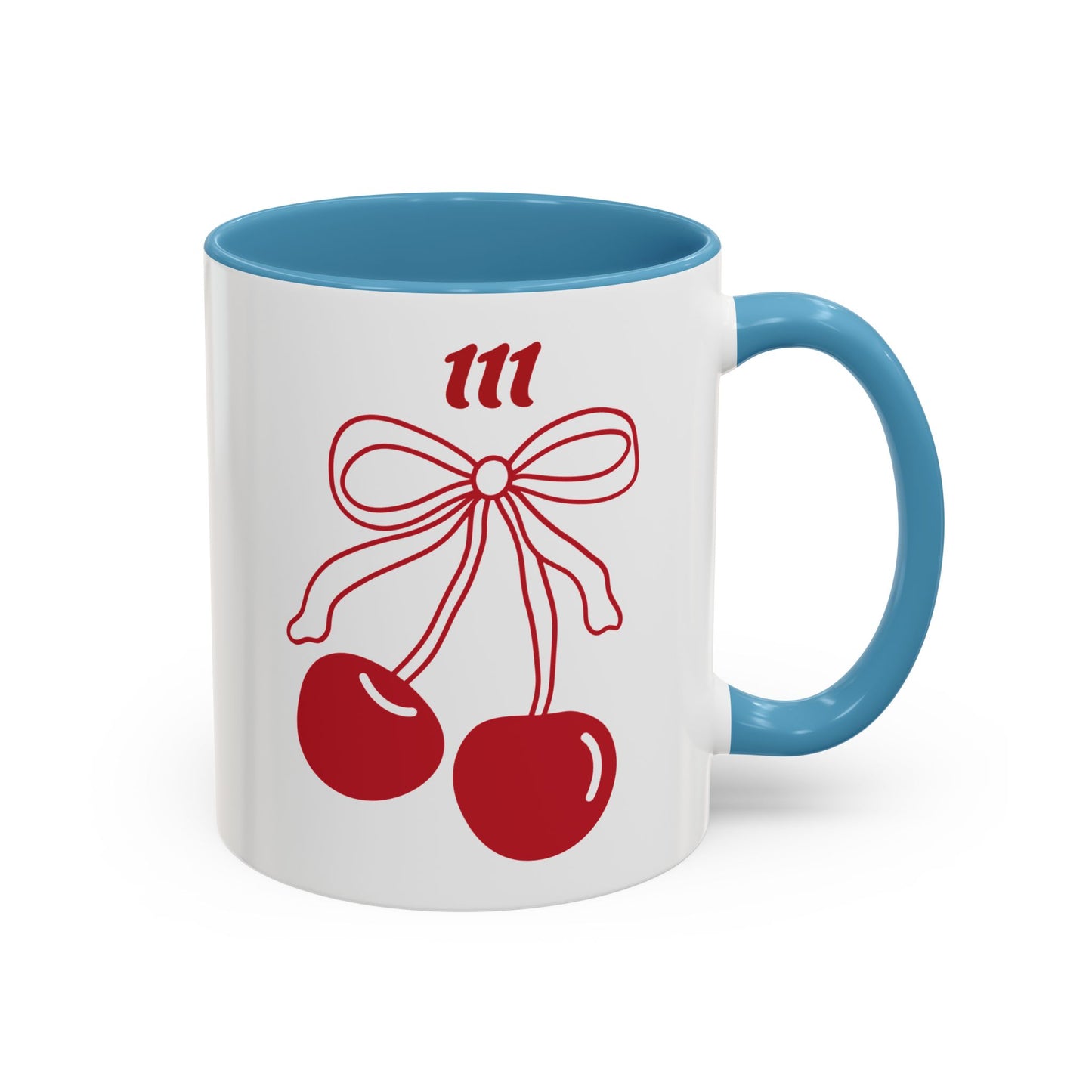 111 Angel Number Cherries Accent Mug – Coquette Bow Kawaii Coffee Mug Aesthetic | 11oz 15oz — Pink, Black, Purple, Yellow, Light Blue