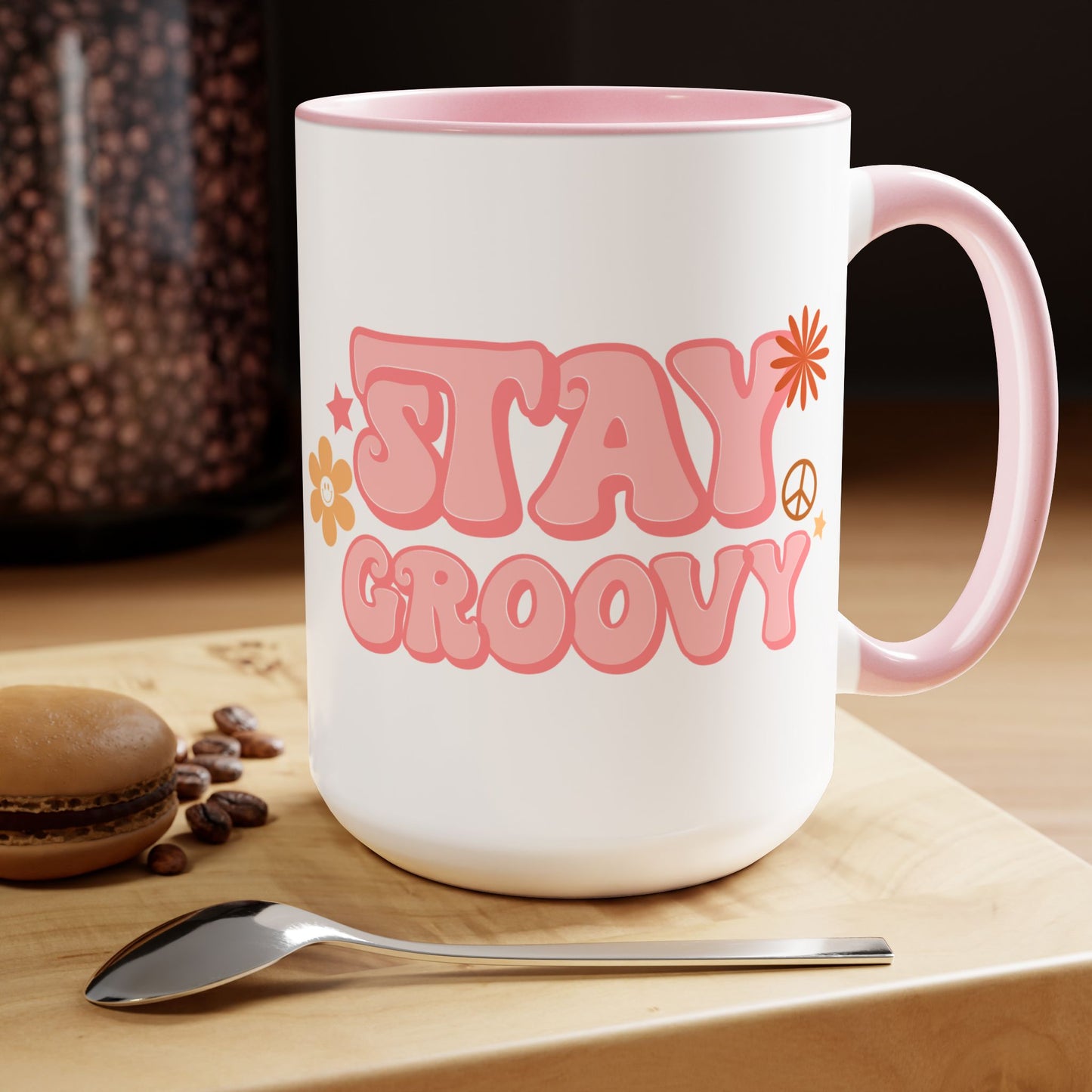 Stay Groovy Coffee Mug 15oz - 70s Inspired, Pastel Pink, Swirly Font - Boost Your Mood with this Free-Spirit, Funkadelic Beverage