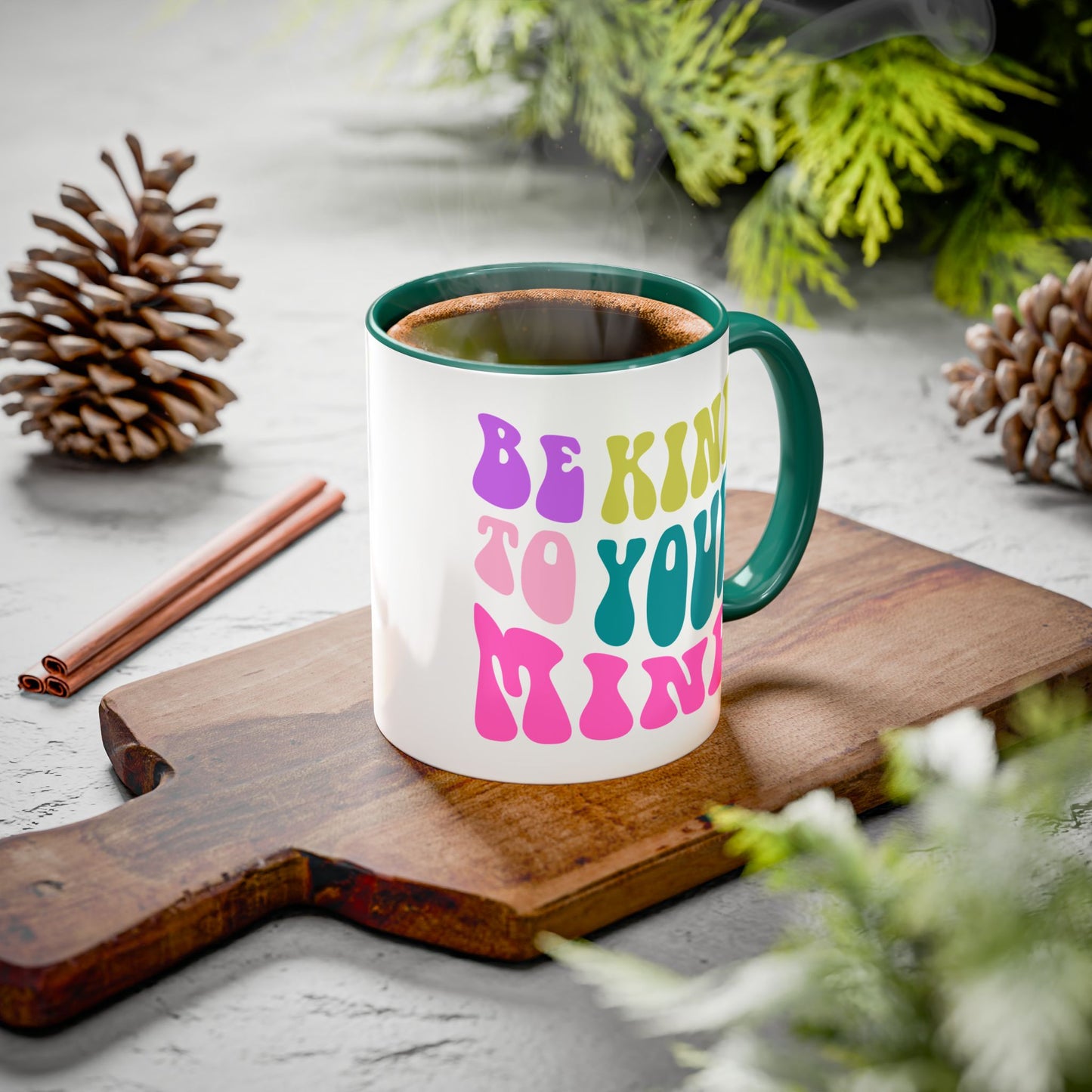 Be Kind To Your Mind Accent Mug – Retro Rainbow Letters | 11oz 15oz Colored Handle