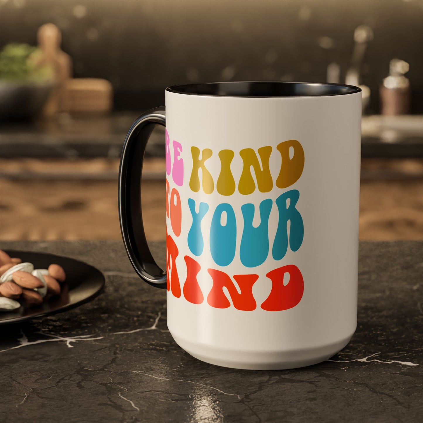 Be Kind To Your Mind Accent Mug – Retro Rainbow Letters | 11oz 15oz Multiple colors