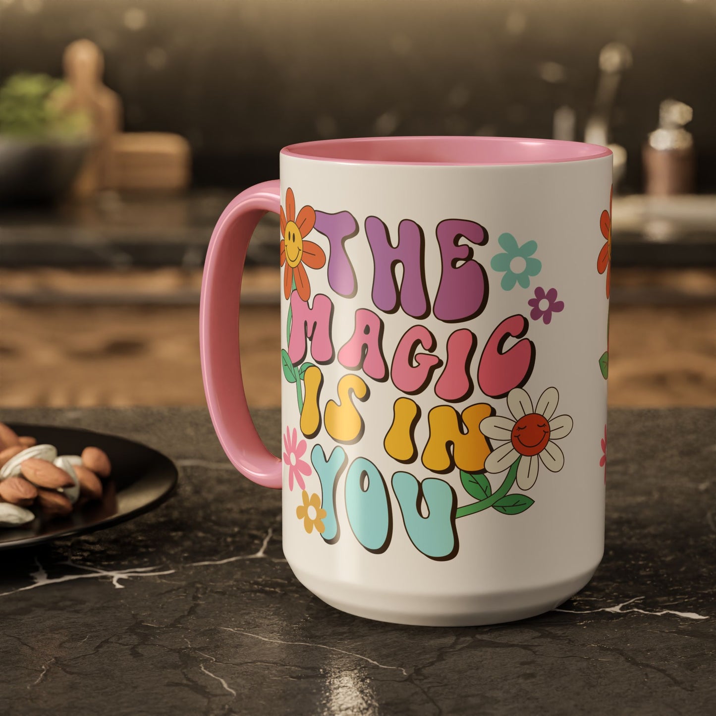 The Magic Is In You Accent Mug – Retro Flower Lettering | 11oz 15oz Colored Handle