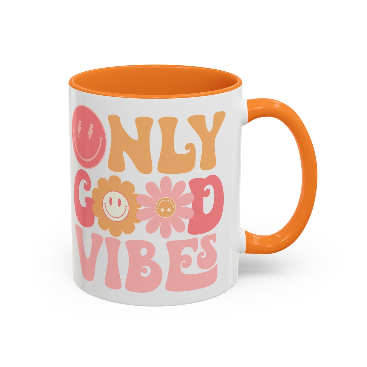 Only Good Vibes Accent Mug – Retro Bubble Letters & Flowers | 11oz 15oz Colored Handle