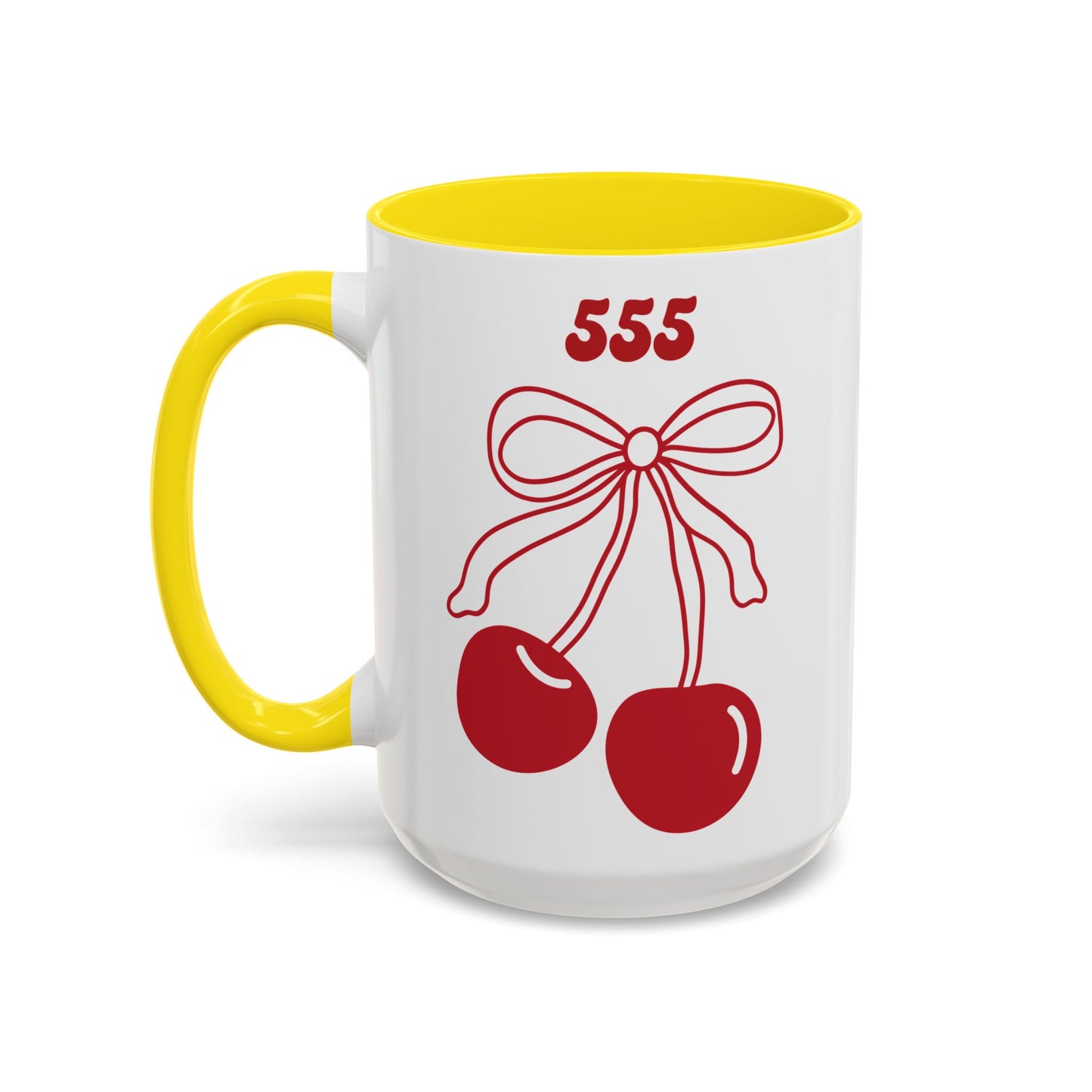 555 Angel Number Cherries Accent Mug – Coquette Bow Kawaii | 11oz 15oz — Pink, Red, Navy, Light Blue, Orange, Purple, Yellow