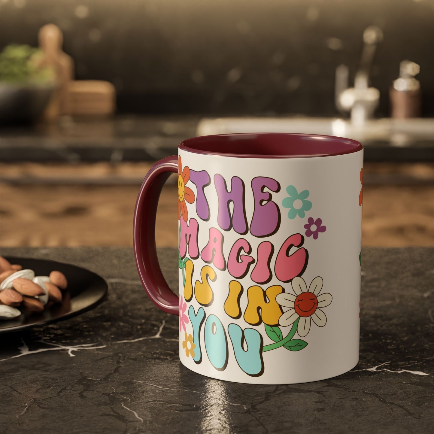 The Magic Is In You Accent Mug – Retro Flower Lettering | 11oz 15oz Colored Handle