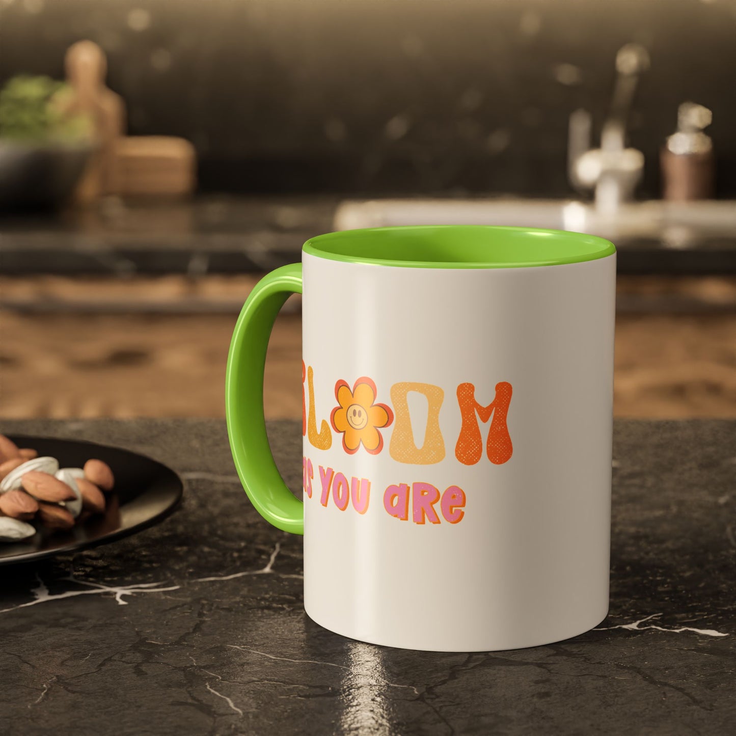 Bloom As You Are Accent Mug – Smiley Flower | 11oz 15oz Colored Handle