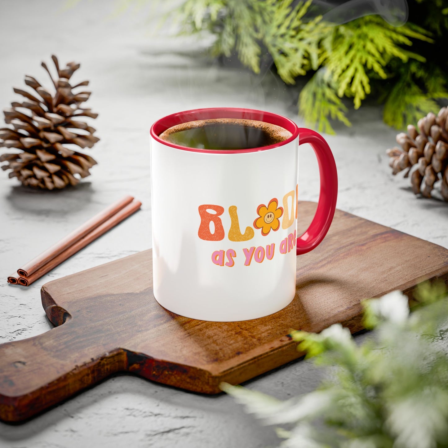Bloom As You Are Accent Mug – Smiley Flower | 11oz 15oz Colored Handle