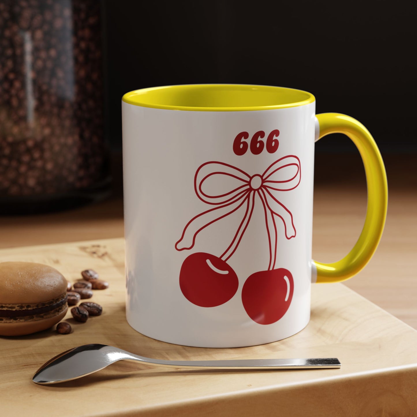 666 Angel Number Cherries Accent Mug – Coquette Bow Kawaii | 11oz 15oz — Pink, Red, Light Blue, Orange, Purple, Yellow