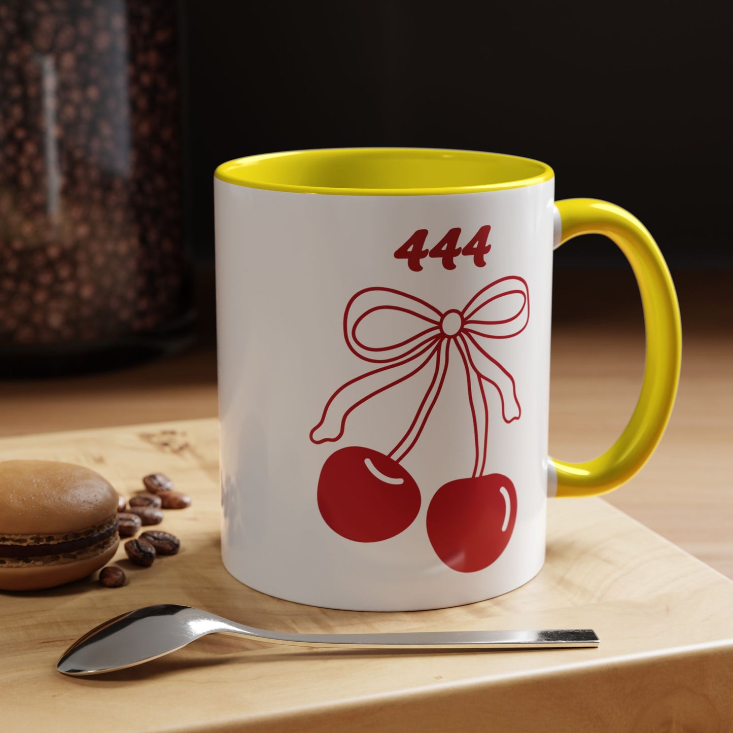444 Angel Number Cherries Accent Mug – Coquette Bow Kawaii | 11oz 15oz — Navy, Light Blue, Orange, Purple, Yellow