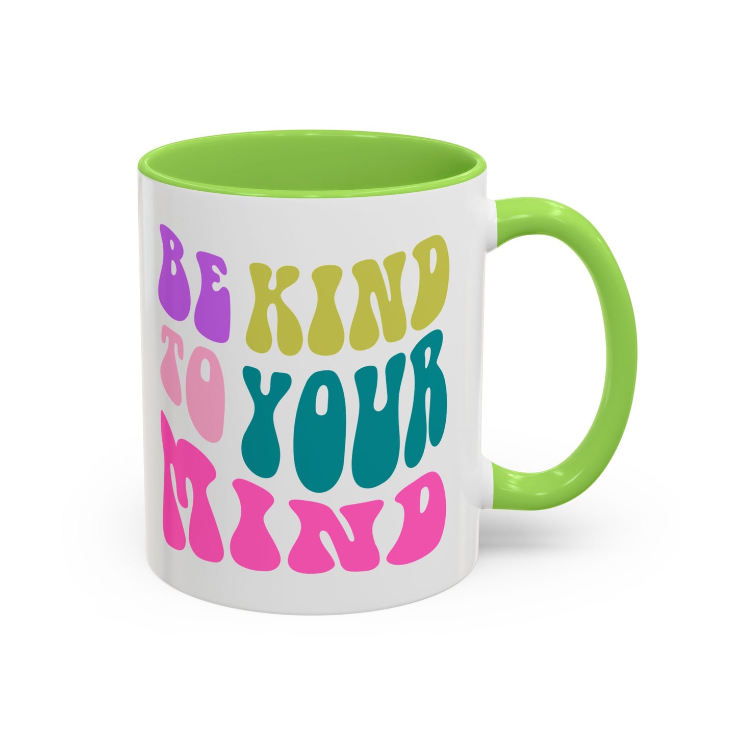 Be Kind To Your Mind Accent Mug – Retro Rainbow Letters | 11oz 15oz Colored Handle