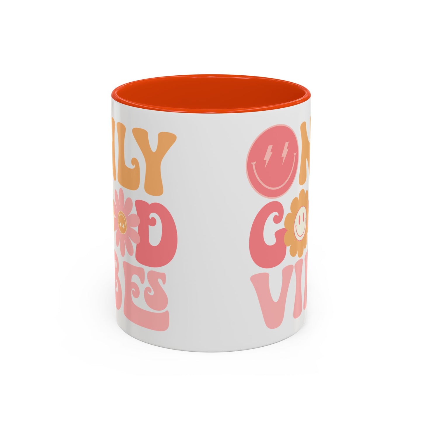 Only Good Vibes Accent Mug – Retro Bubble Letters & Flowers | 11oz 15oz Colored Handle