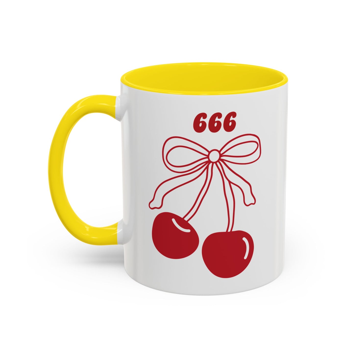 666 Angel Number Cherries Accent Mug – Coquette Bow Kawaii | 11oz 15oz — Pink, Red, Light Blue, Orange, Purple, Yellow
