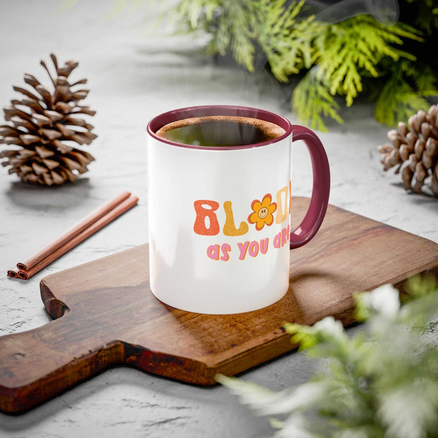 Bloom As You Are Accent Mug – Smiley Flower | 11oz 15oz Colored Handle