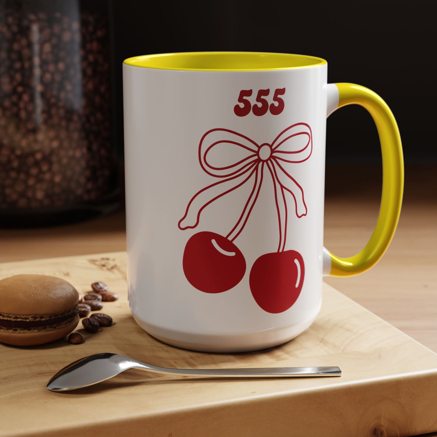 555 Angel Number Cherries Accent Mug – Coquette Bow Kawaii | 11oz 15oz — Pink, Red, Navy, Light Blue, Orange, Purple, Yellow