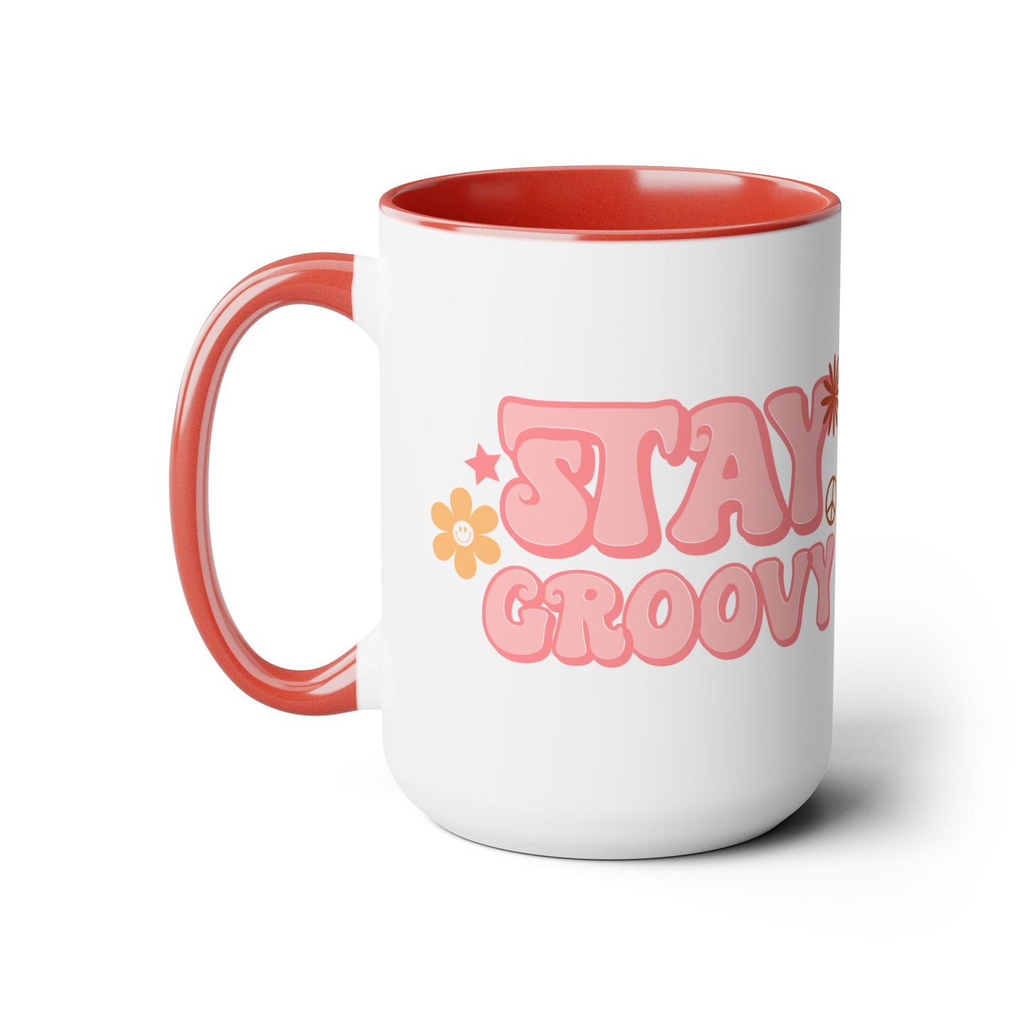 Stay Groovy Coffee Mug 15oz - 70s Inspired, Pastel Pink, Swirly Font - Boost Your Mood with this Free-Spirit, Funkadelic Beverage