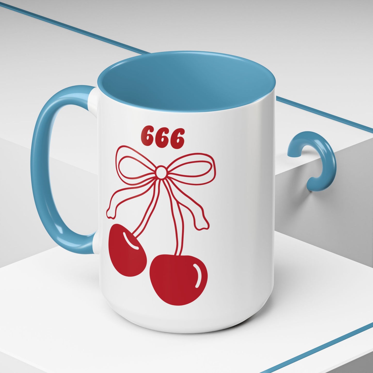 666 Angel Number Cherries Accent Mug – Coquette Bow Kawaii | 11oz 15oz — Pink, Red, Light Blue, Orange, Purple, Yellow