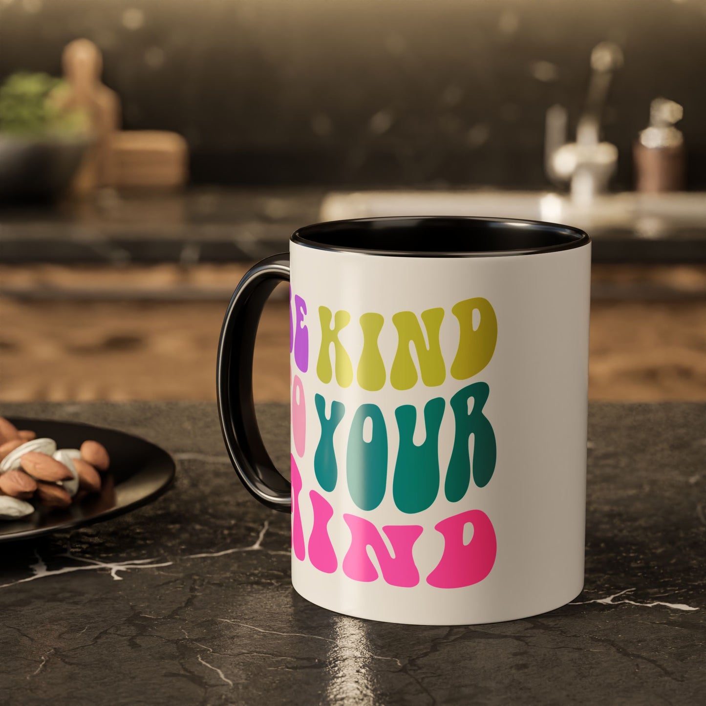 Be Kind To Your Mind Accent Mug – Retro Rainbow Letters | 11oz 15oz Colored Handle