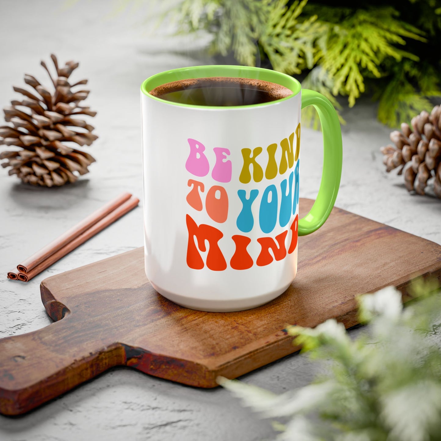 Be Kind To Your Mind Accent Mug – Retro Rainbow Letters | 11oz 15oz Multiple colors