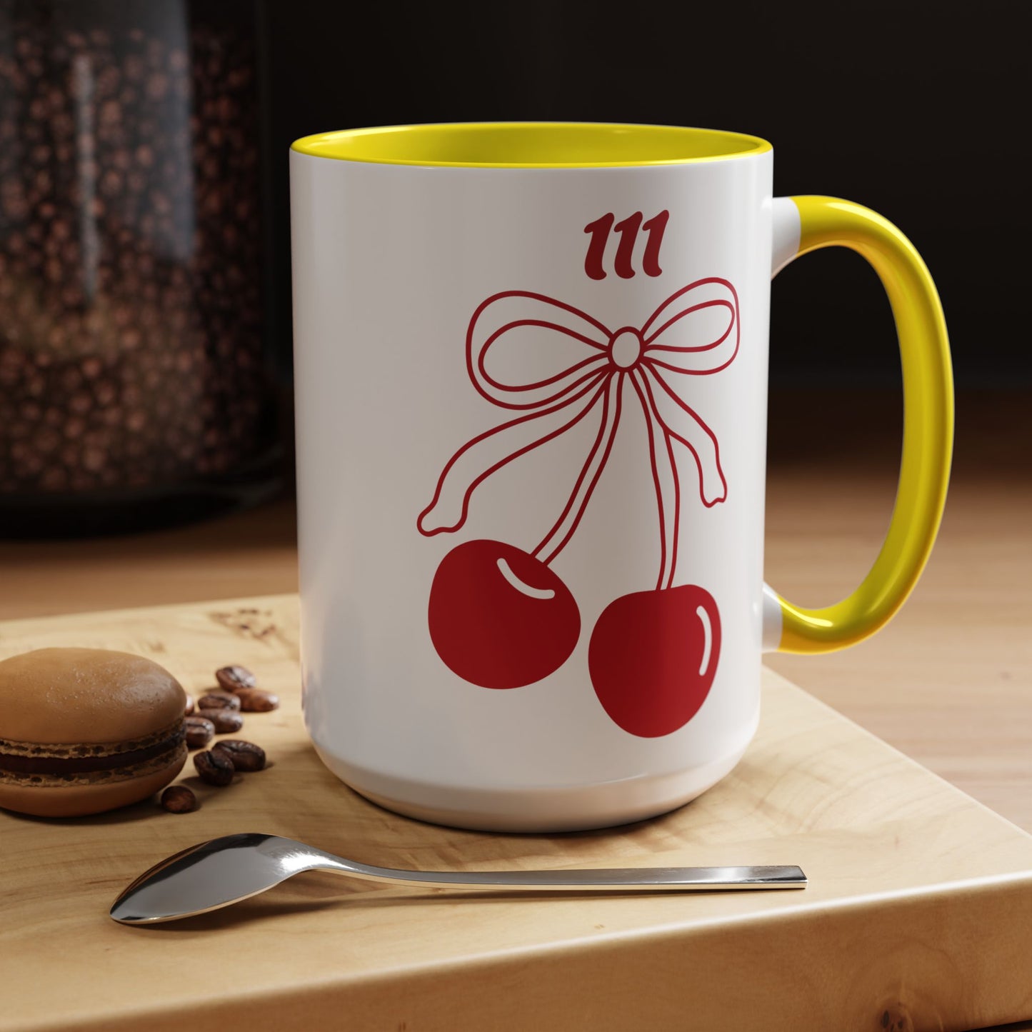 111 Angel Number Cherries Accent Mug – Coquette Bow Kawaii Coffee Mug Aesthetic | 11oz 15oz — Pink, Black, Purple, Yellow, Light Blue