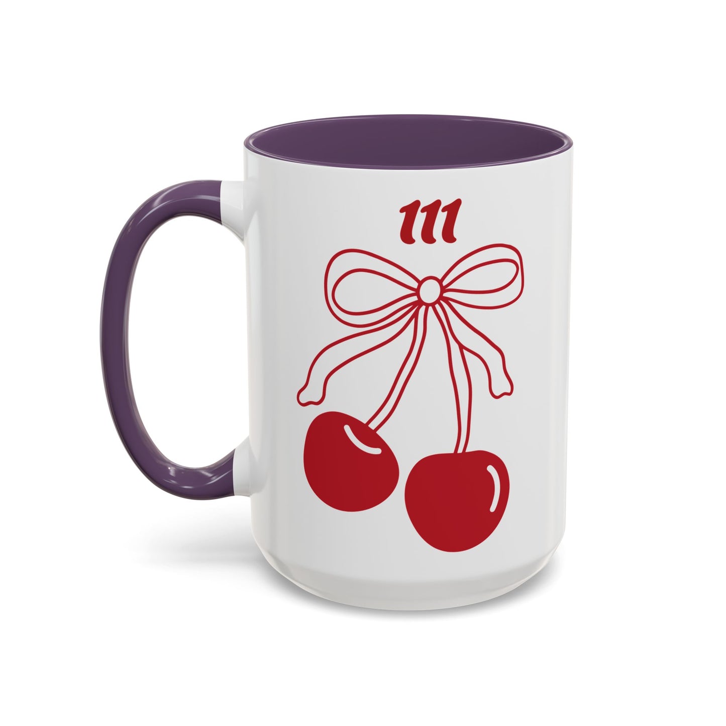 111 Angel Number Cherries Accent Mug – Coquette Bow Kawaii Coffee Mug Aesthetic | 11oz 15oz — Pink, Black, Purple, Yellow, Light Blue