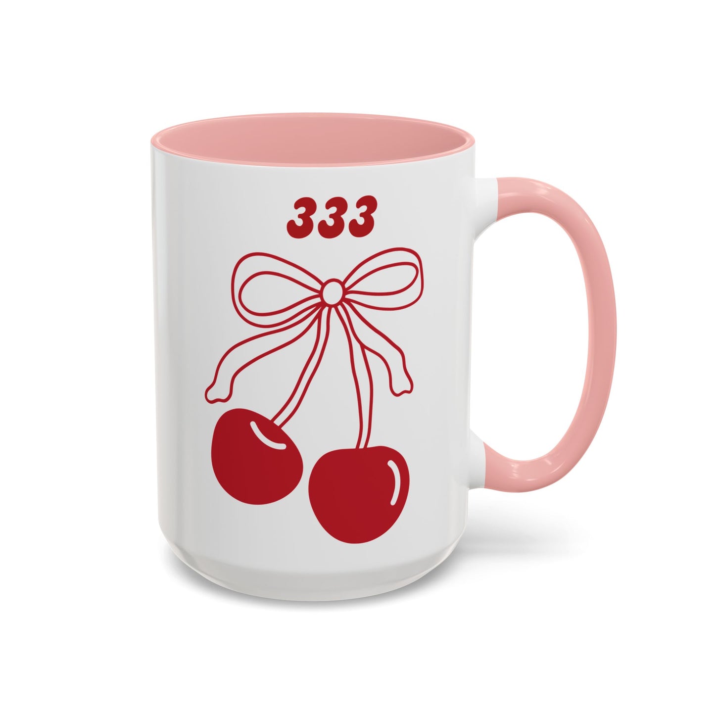 333 Angel Number Cherries Accent Mug – Coquette Bow | Kawaii Coffee Mug | 11oz 15oz — Black, Red, Navy, Pink, Light Blue