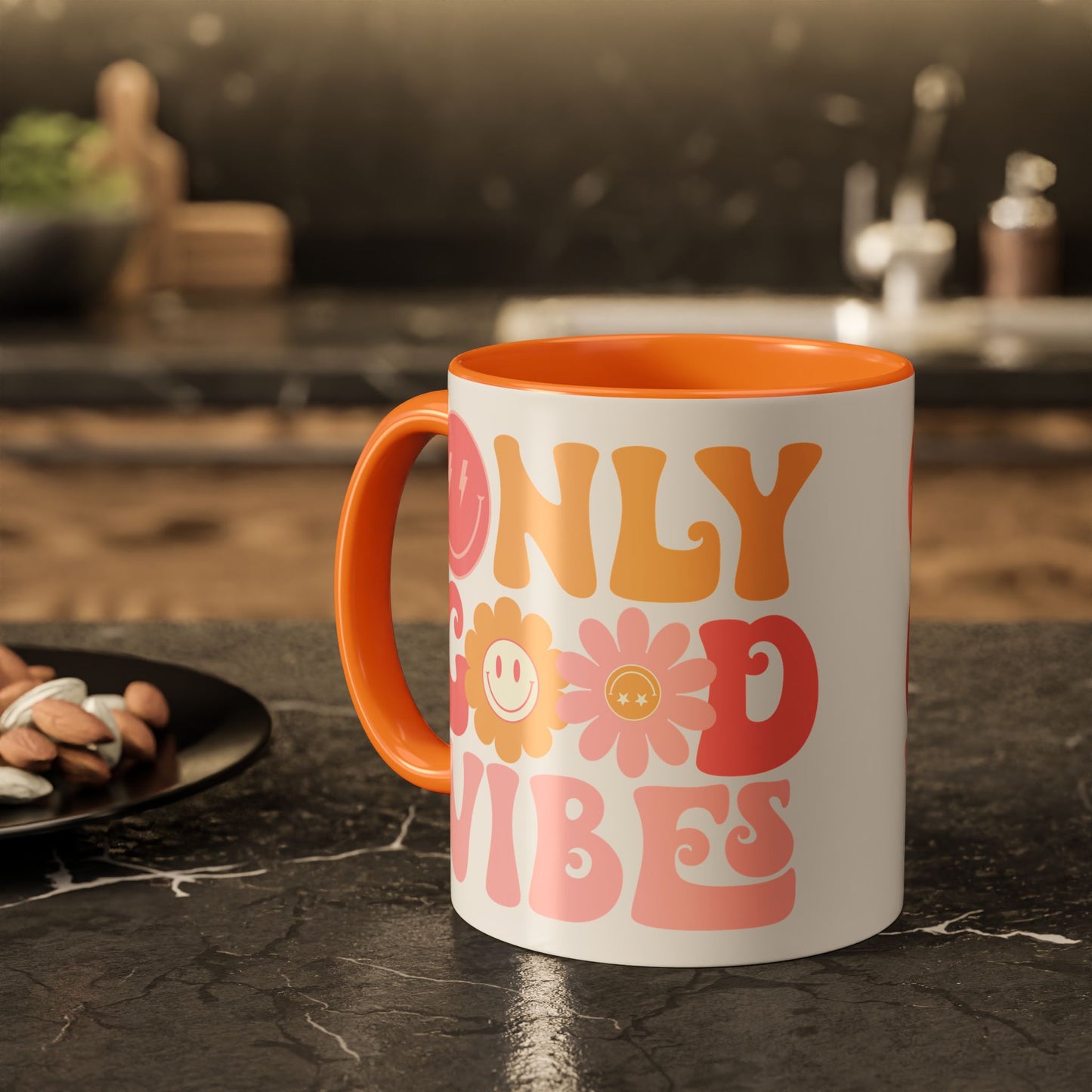 Only Good Vibes Accent Mug – Retro Bubble Letters & Flowers | 11oz 15oz Colored Handle